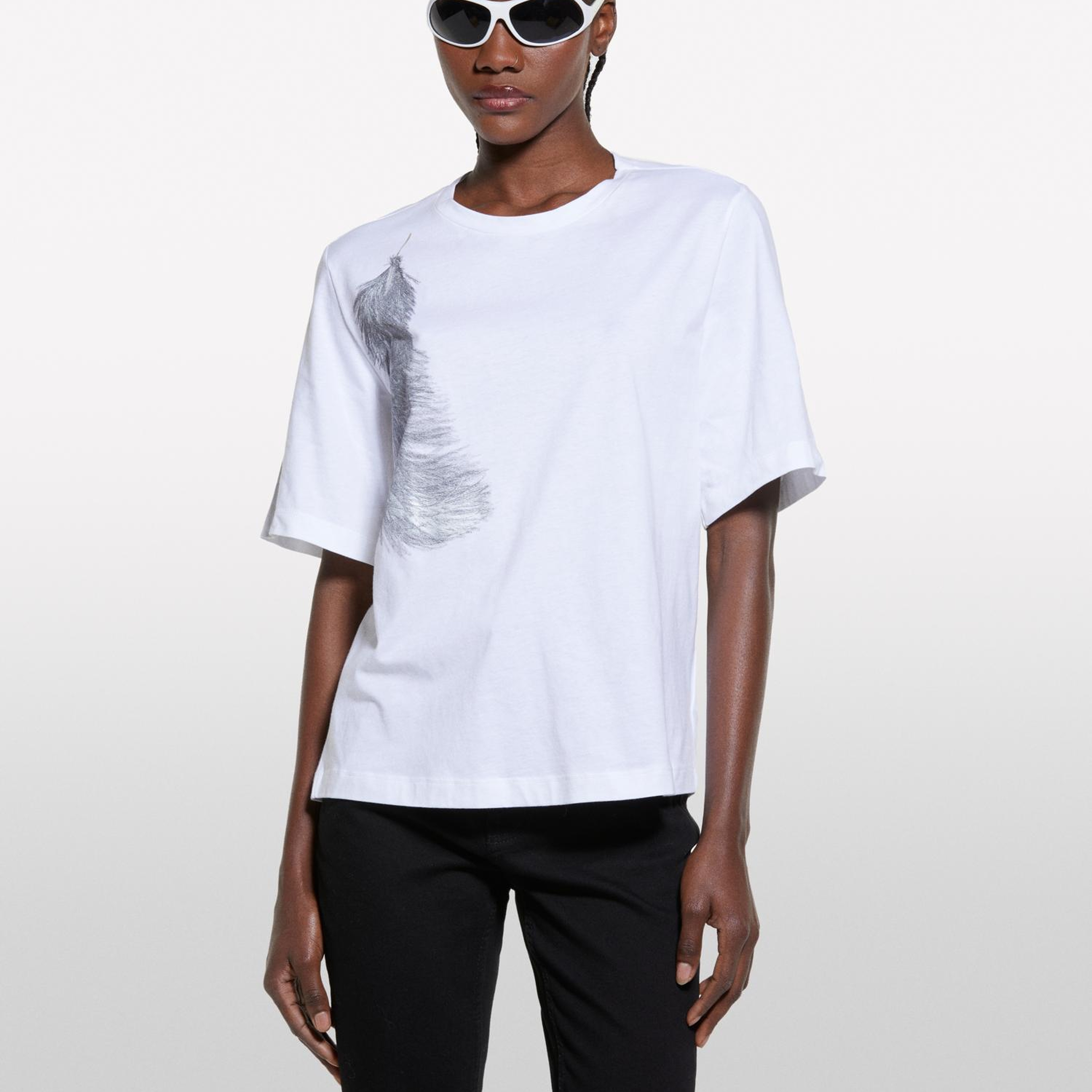 Kadın Beyaz Mix %100 Pamuk Baskılı Bisiklet Yaka Regular Fit T-Shirt