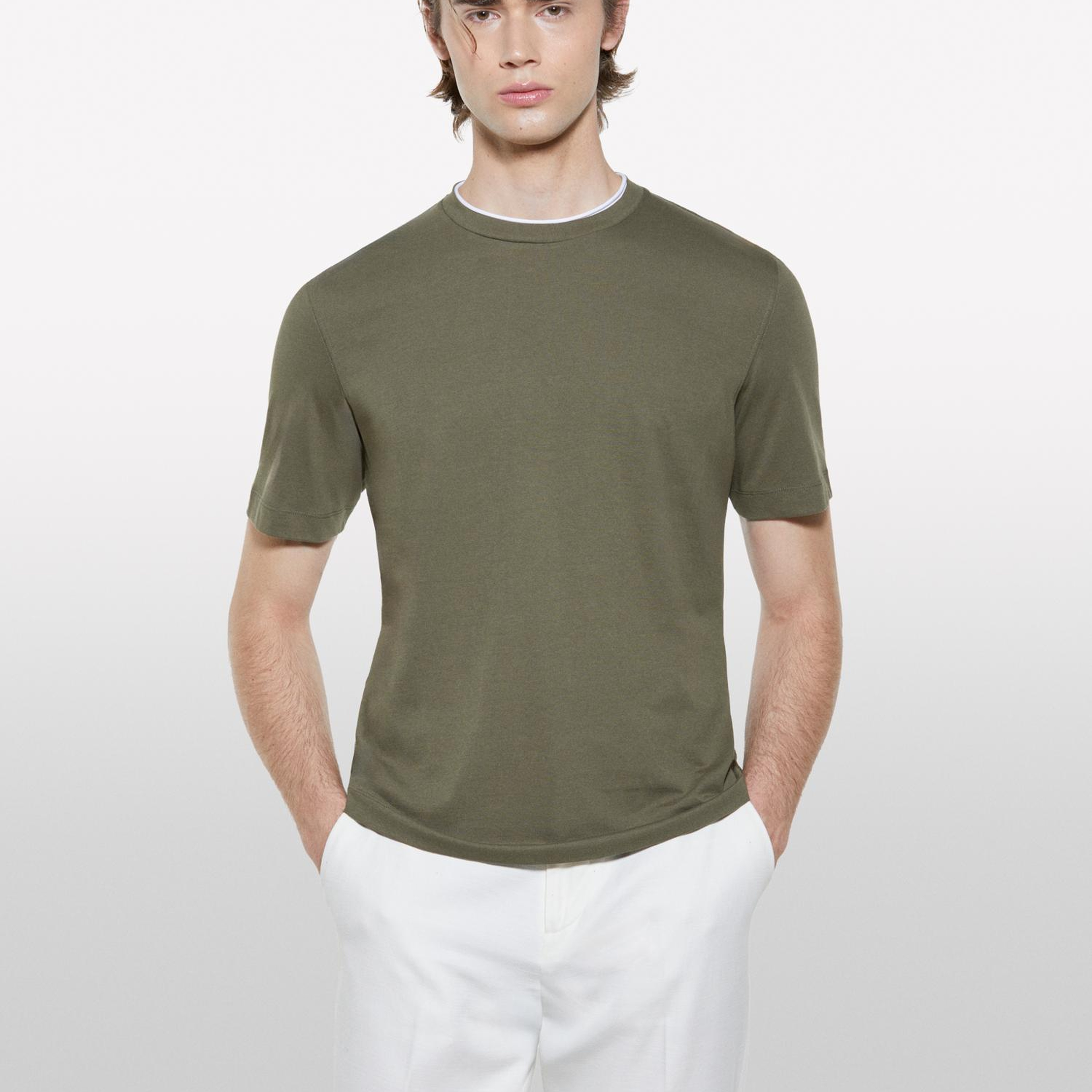 Erkek Asker Yeşili %100 Pamuk Logo Detaylı Bisiklet Yaka Regular Fit T-Shirt