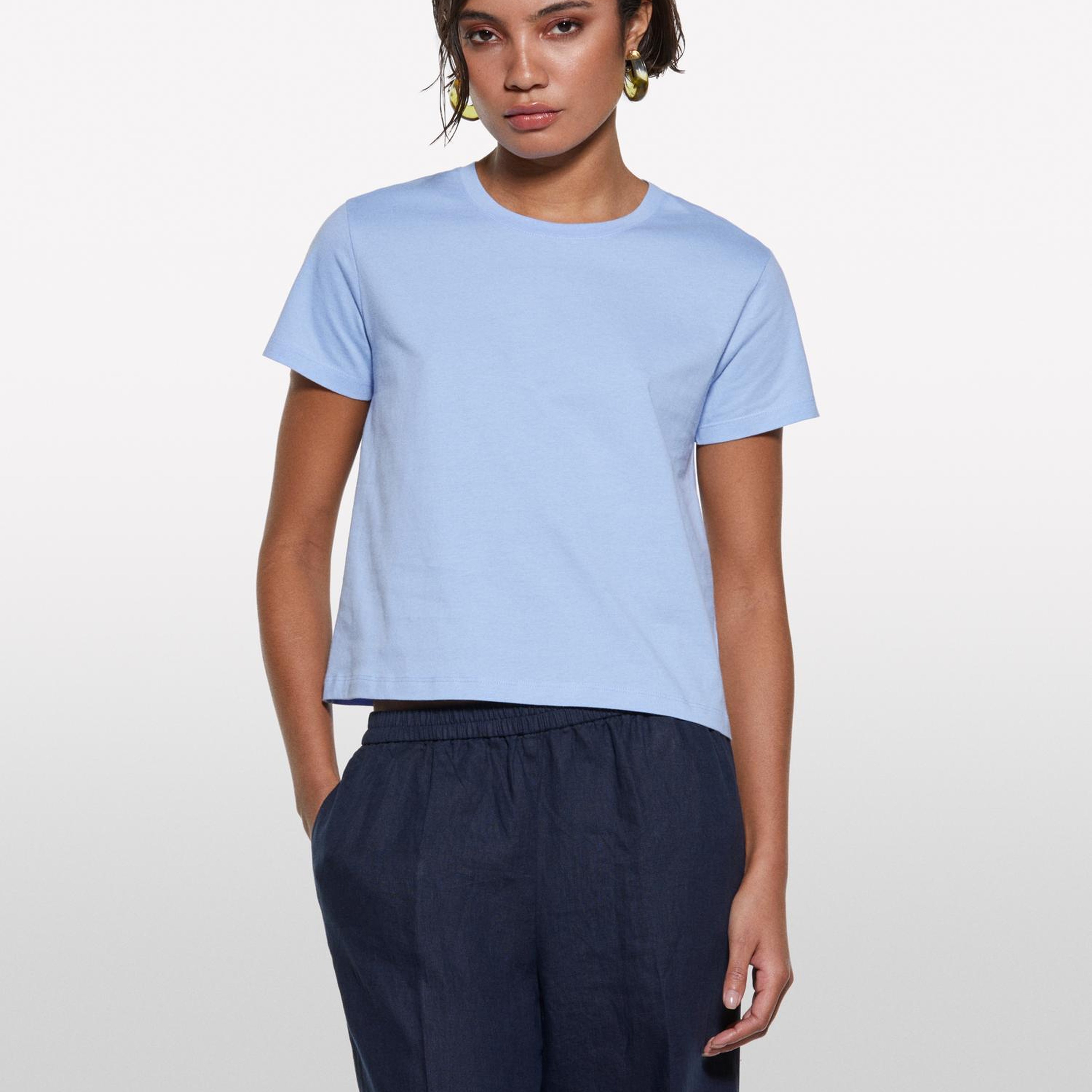 Kadın Açık Mavi %100 Pamuk Bisiklet Yaka Boxy Fit T-Shirt