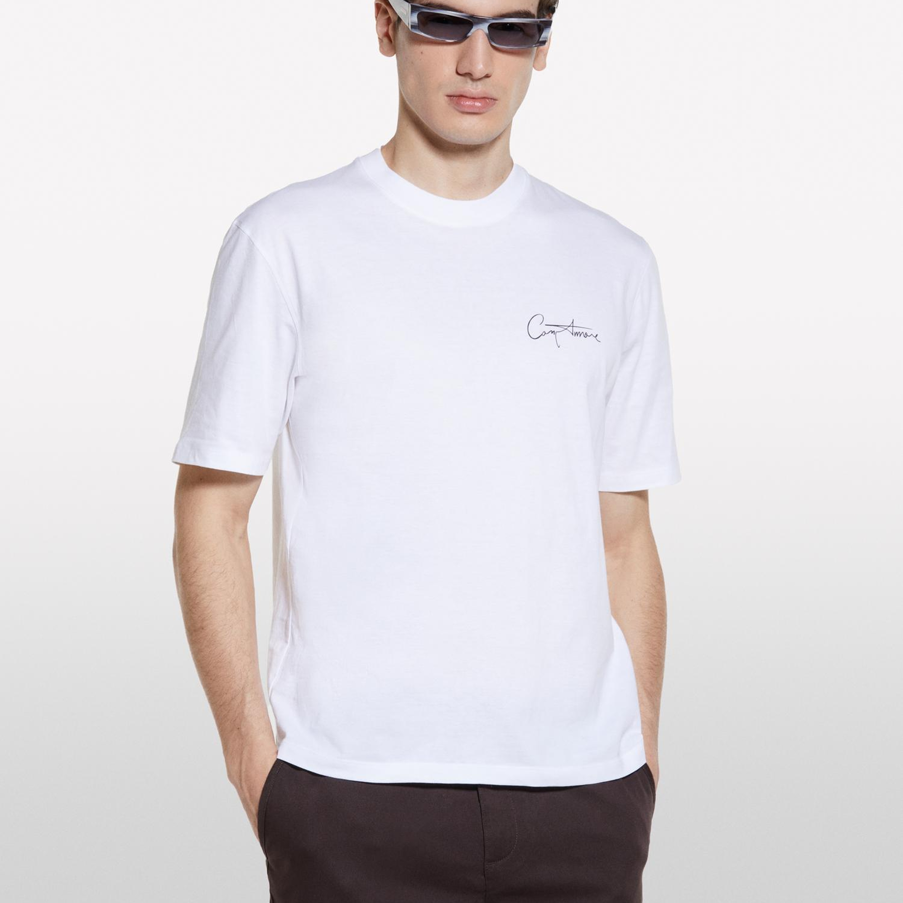 Erkek Beyaz %100 Pamuk Baskılı Bisiklet Yaka Regular Fit T-Shirt