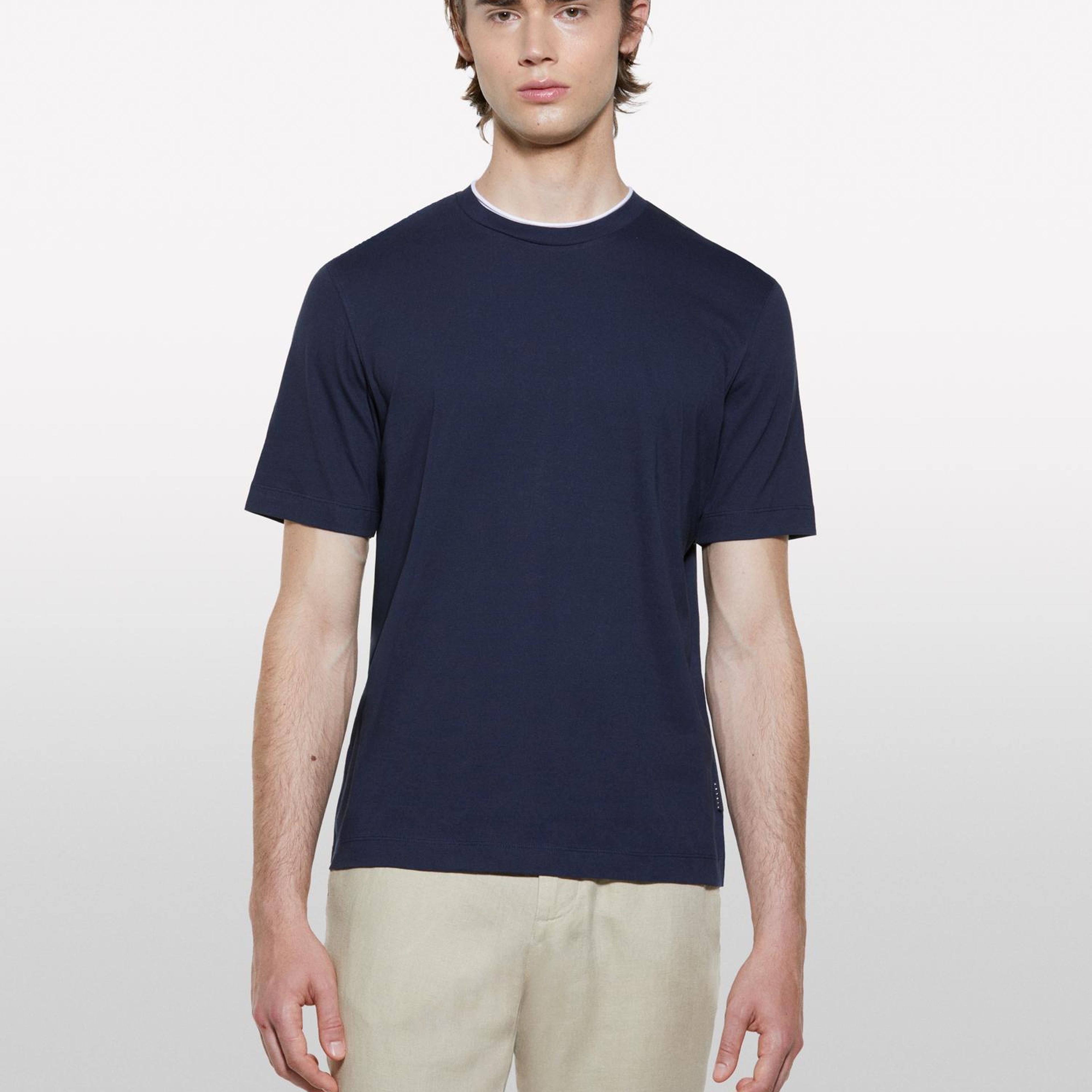 Erkek Koyu Lacivert %100 Pamuk Logo Detaylı Bisiklet Yaka Regular Fit T-Shirt