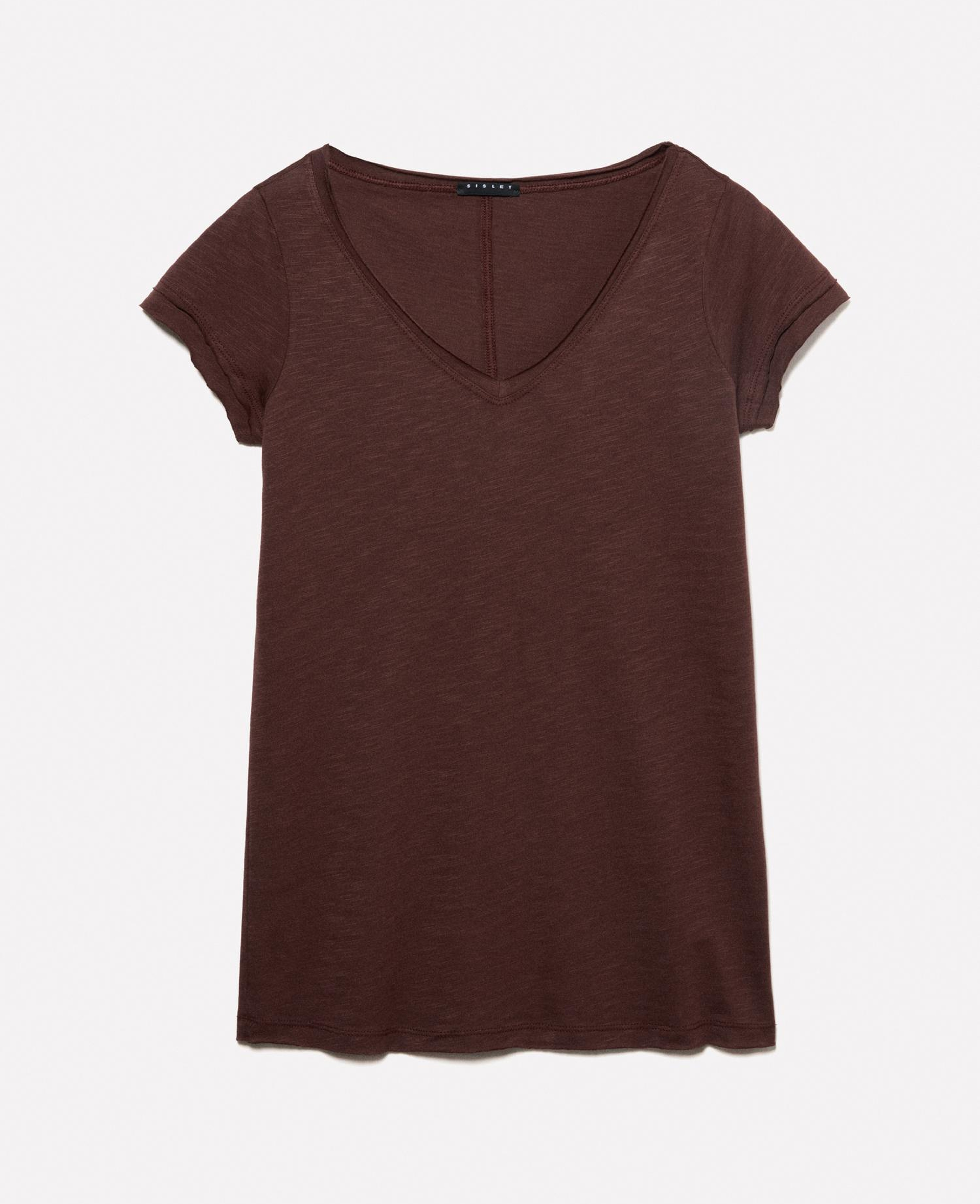 Kadın Koyu kahverengi Pamuk Modal Karışımlı Normal Kalıp V Yaka Slub T-Shirt