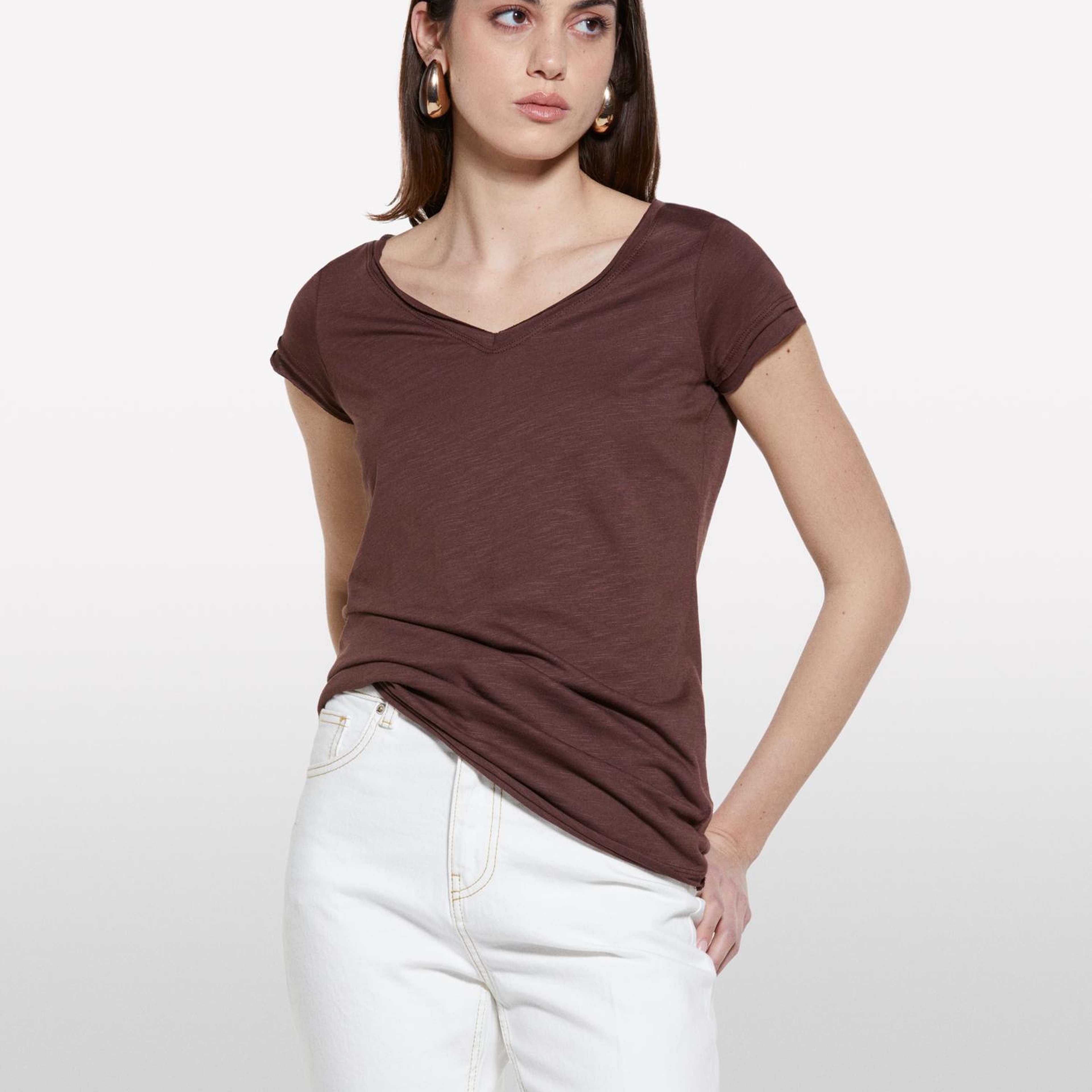 Kadın Koyu kahverengi Pamuk Modal Karışımlı Normal Kalıp V Yaka Slub T-Shirt