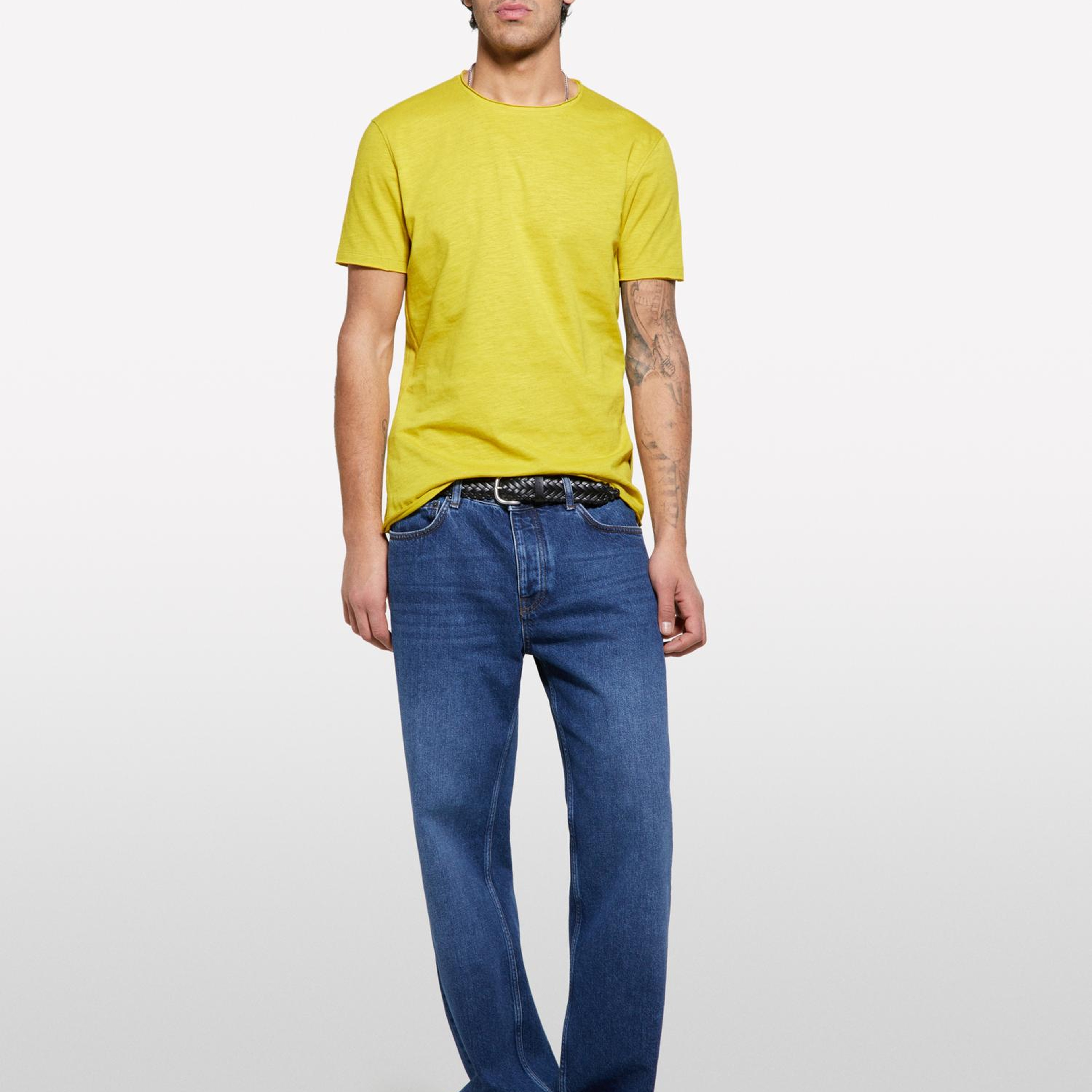 Erkek Hardal Sarı %100 Pamuk Bisiklet Yaka Slim Fit Slub T-Shirt