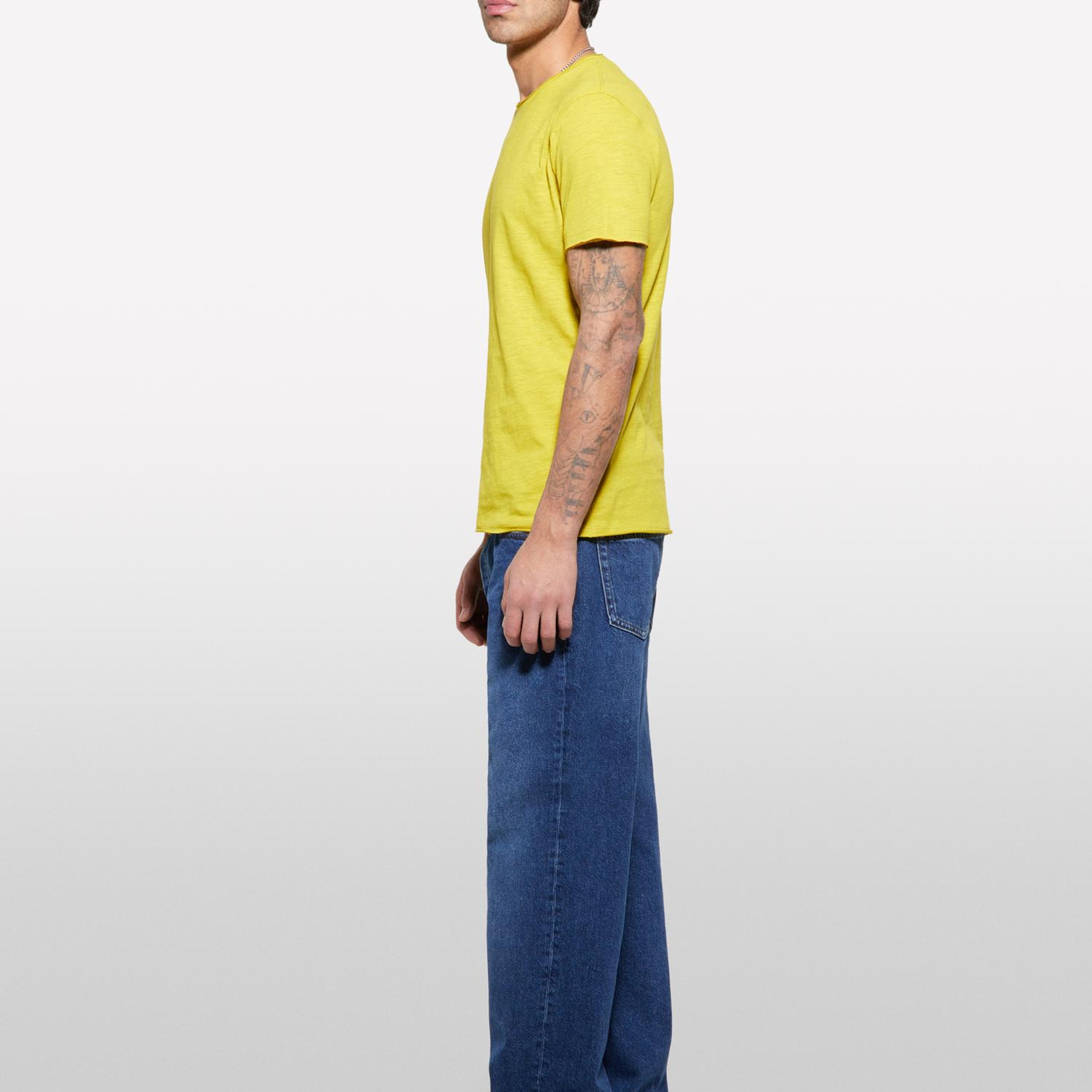 Erkek Hardal Sarı %100 Pamuk Bisiklet Yaka Slim Fit Slub T-Shirt