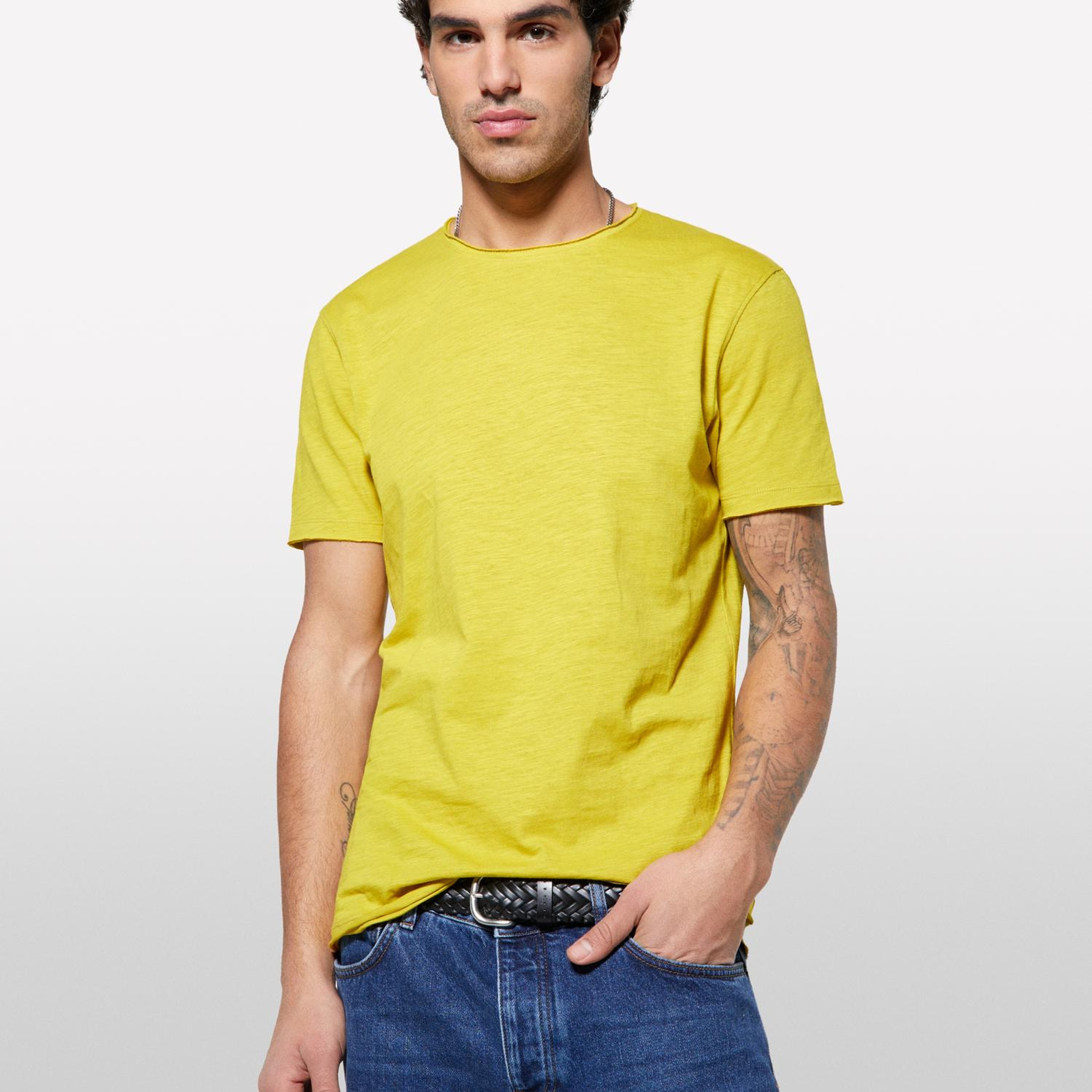 Erkek Hardal Sarı %100 Pamuk Bisiklet Yaka Slim Fit Slub T-Shirt