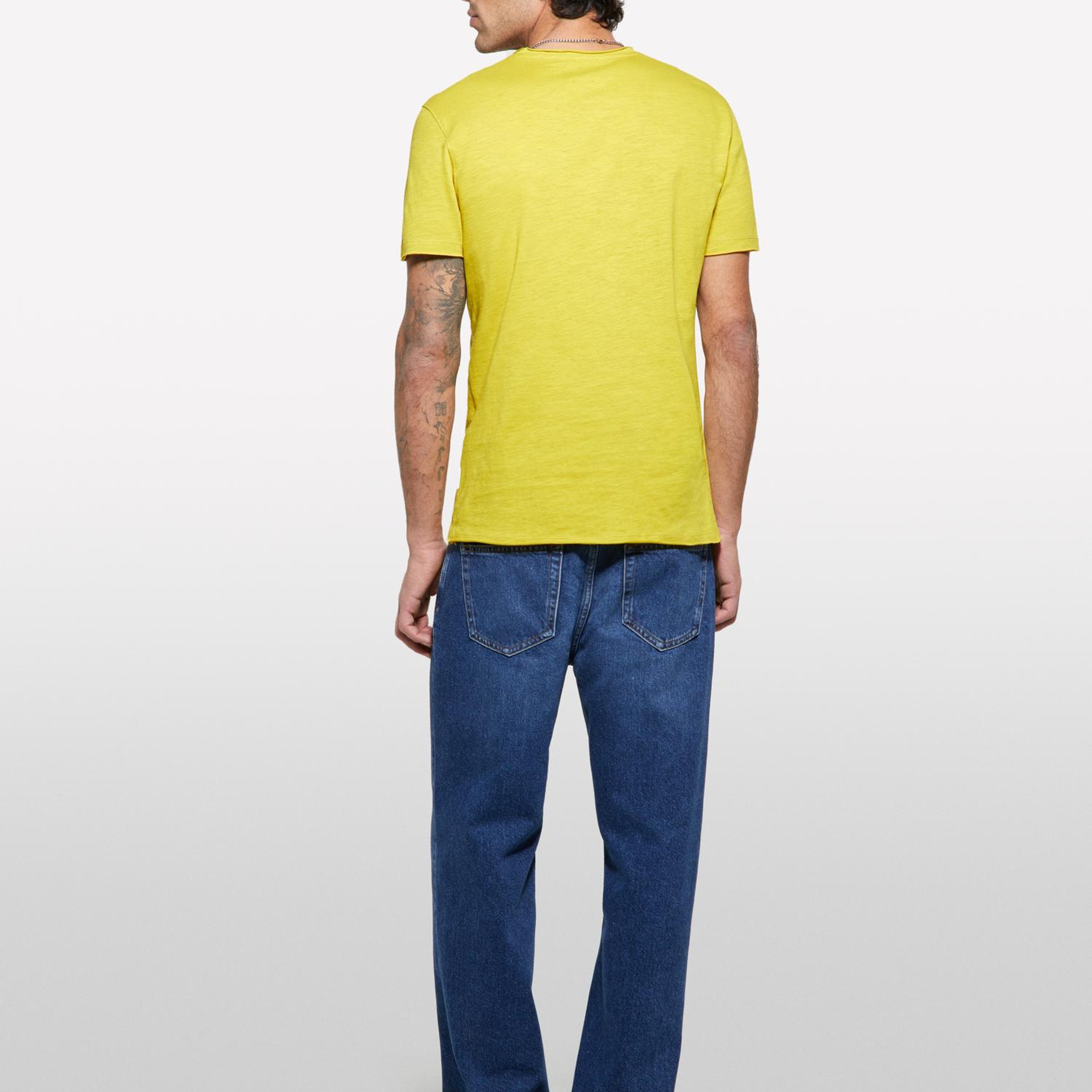 Erkek Hardal Sarı %100 Pamuk Bisiklet Yaka Slim Fit Slub T-Shirt
