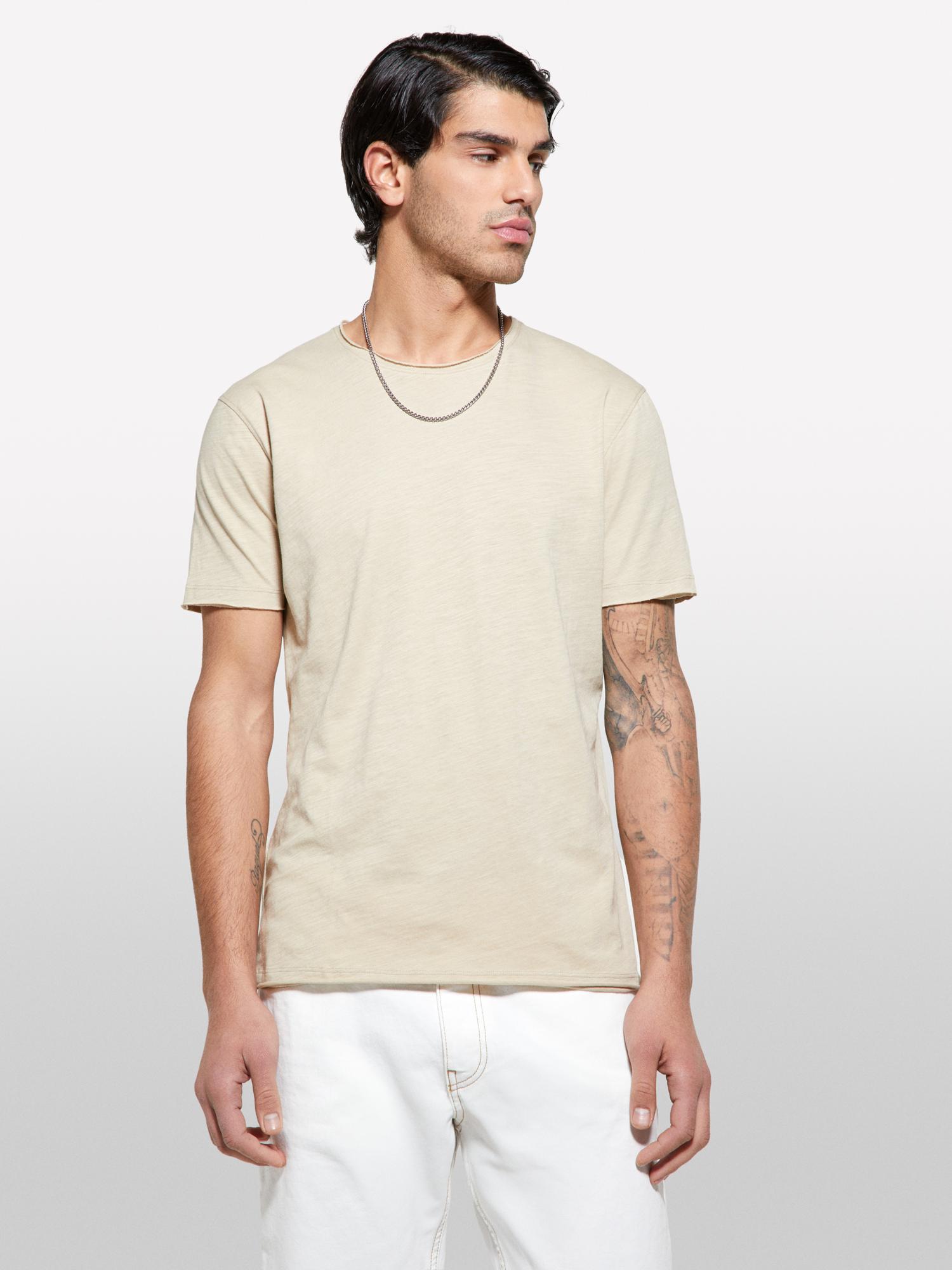 Erkek Bej %100 Pamuk Bisiklet Yaka Slim Fit Slub T-Shirt