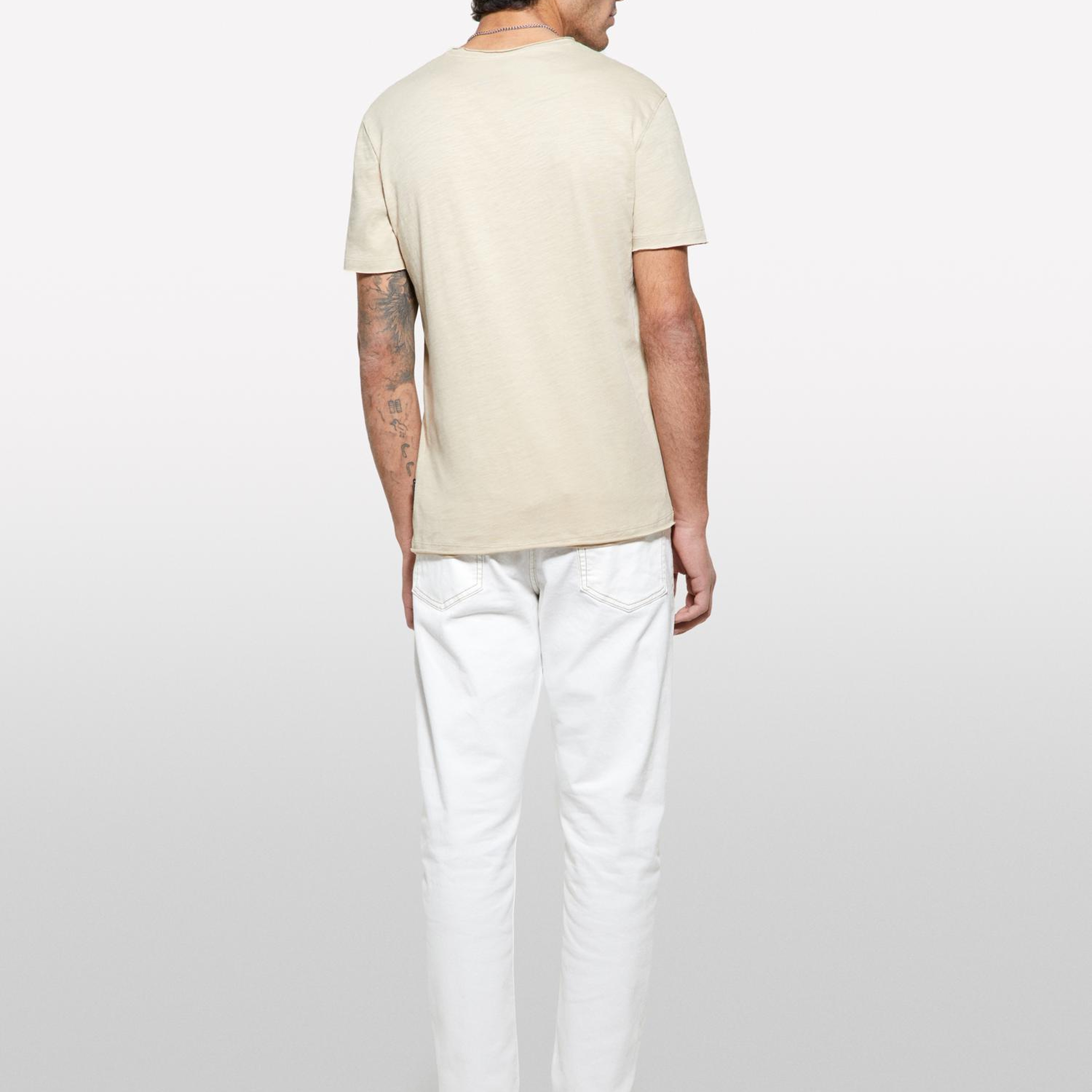 Erkek Bej %100 Pamuk Bisiklet Yaka Slim Fit Slub T-Shirt