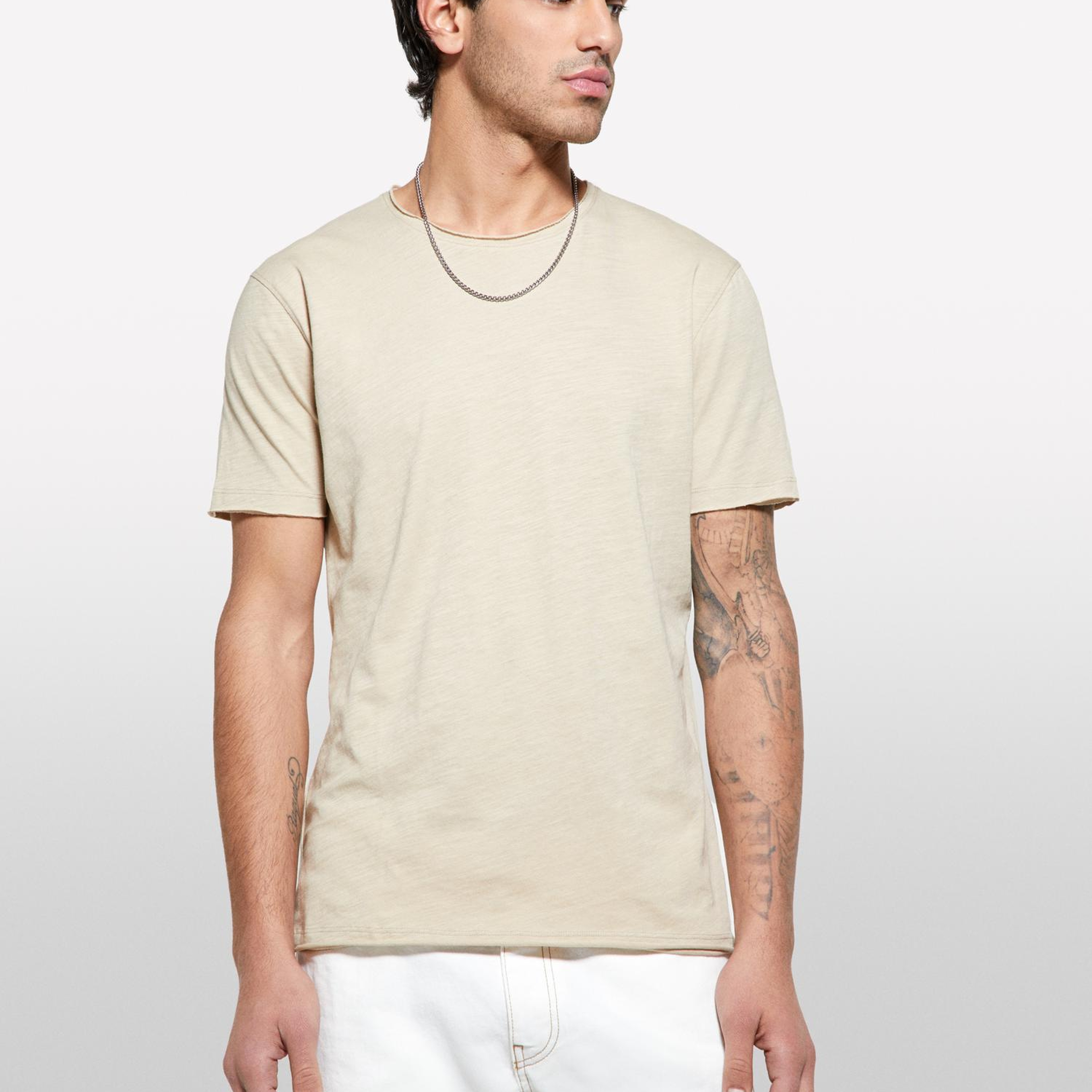 Erkek Bej %100 Pamuk Bisiklet Yaka Slim Fit Slub T-Shirt