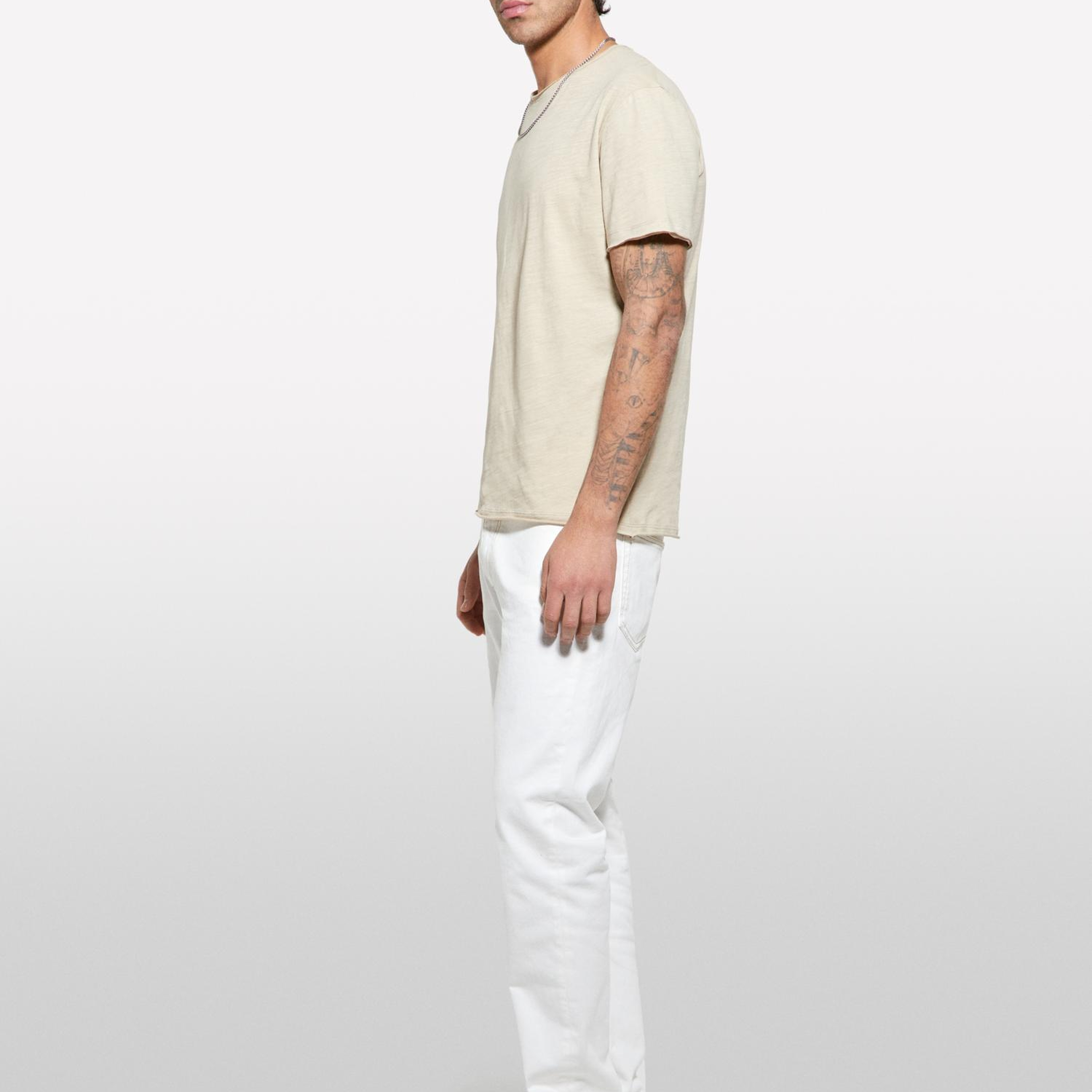 Erkek Bej %100 Pamuk Bisiklet Yaka Slim Fit Slub T-Shirt
