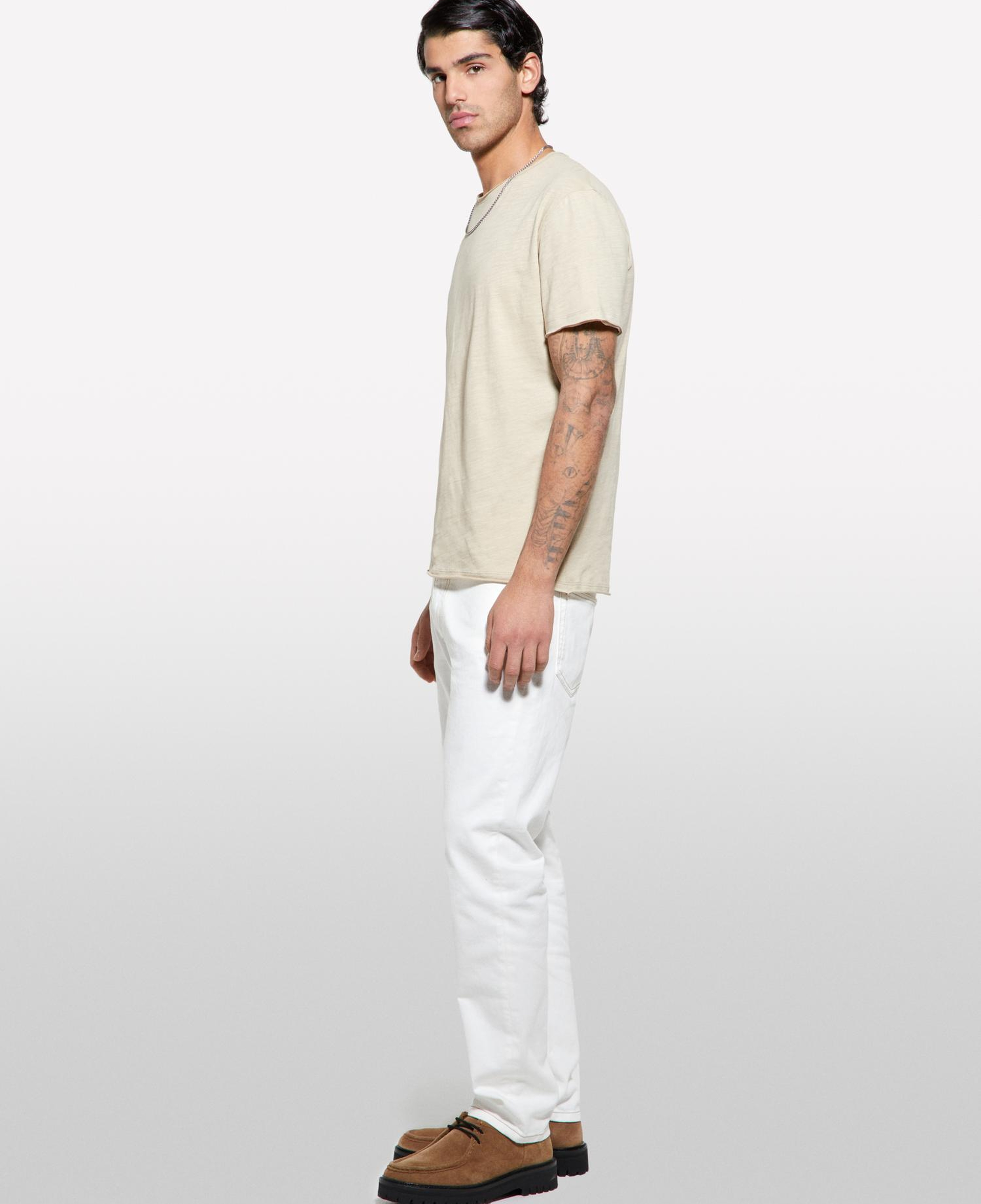 Erkek Bej %100 Pamuk Bisiklet Yaka Slim Fit Slub T-Shirt