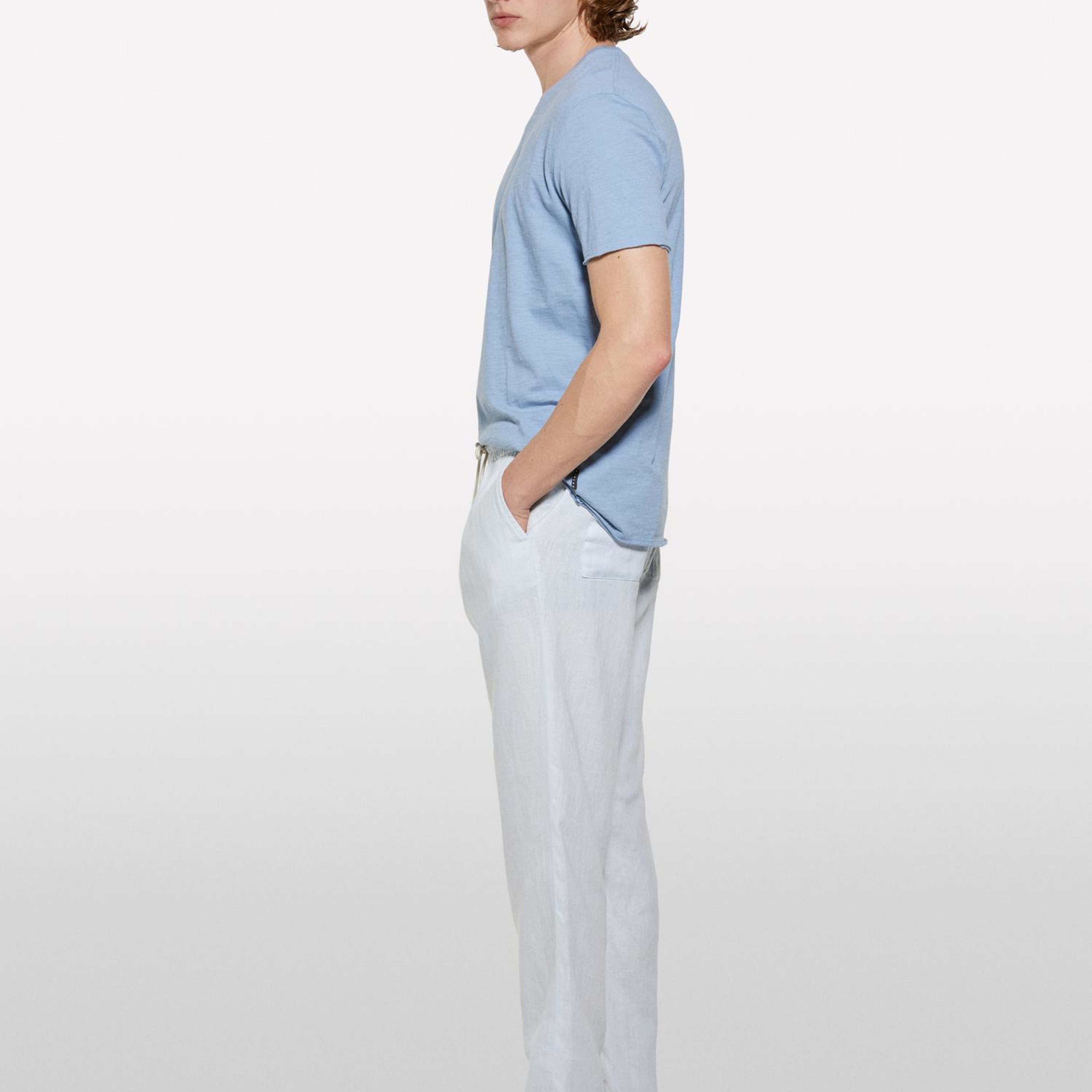 Erkek Havacı Mavi %100 Pamuk V Yaka Slim Fit Slub T-Shirt