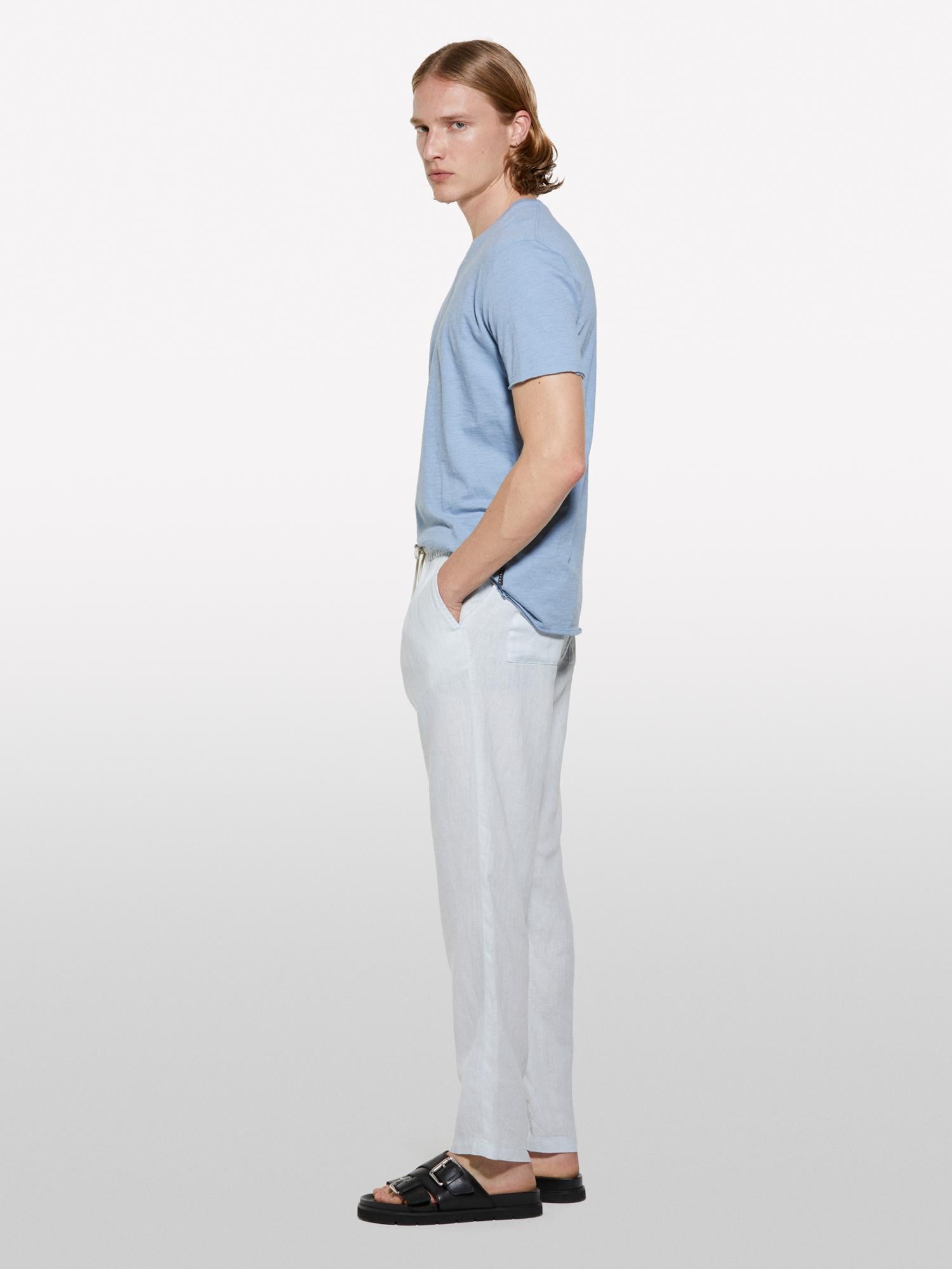 Erkek Havacı Mavi %100 Pamuk V Yaka Slim Fit Slub T-Shirt