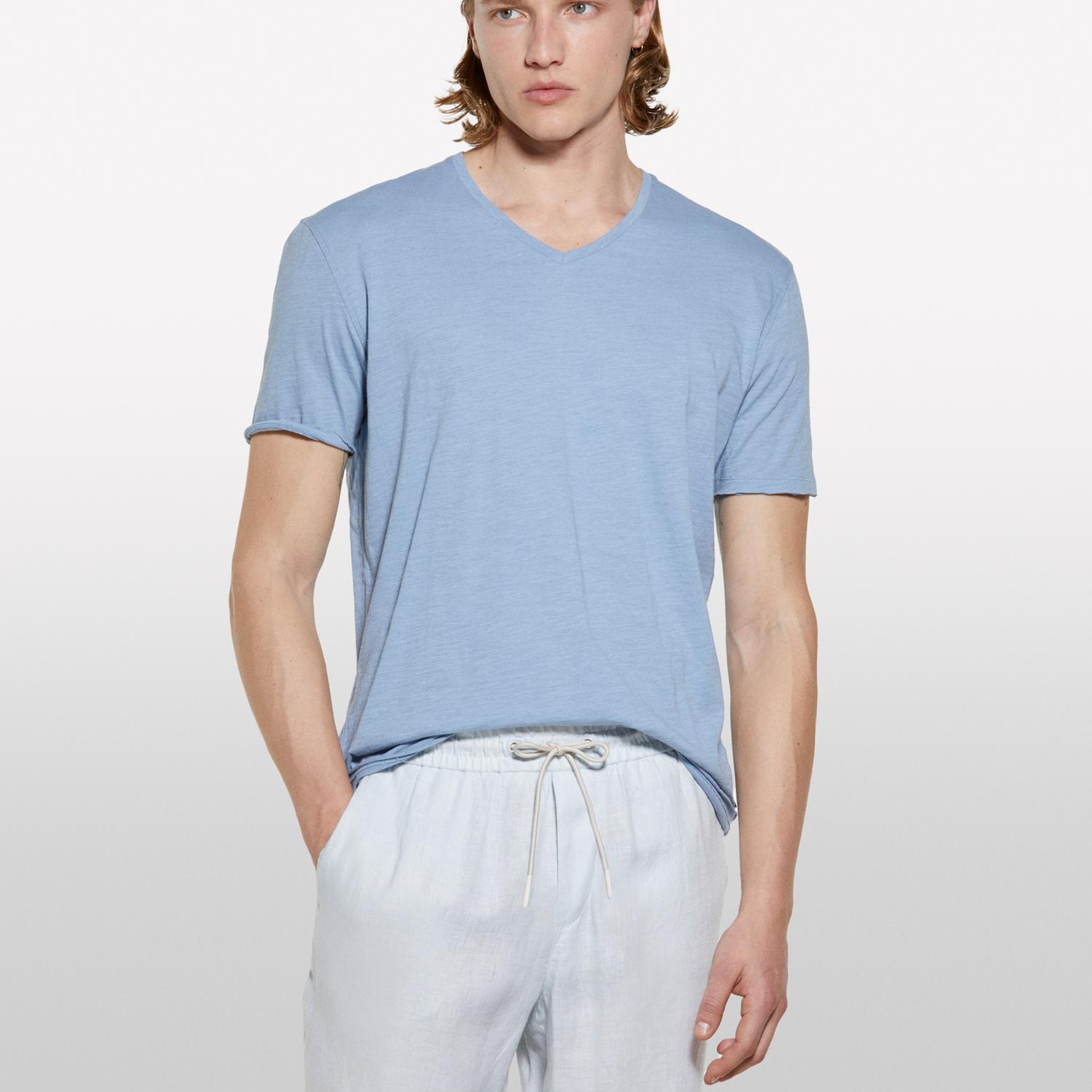 Erkek Havacı Mavi %100 Pamuk V Yaka Slim Fit Slub T-Shirt