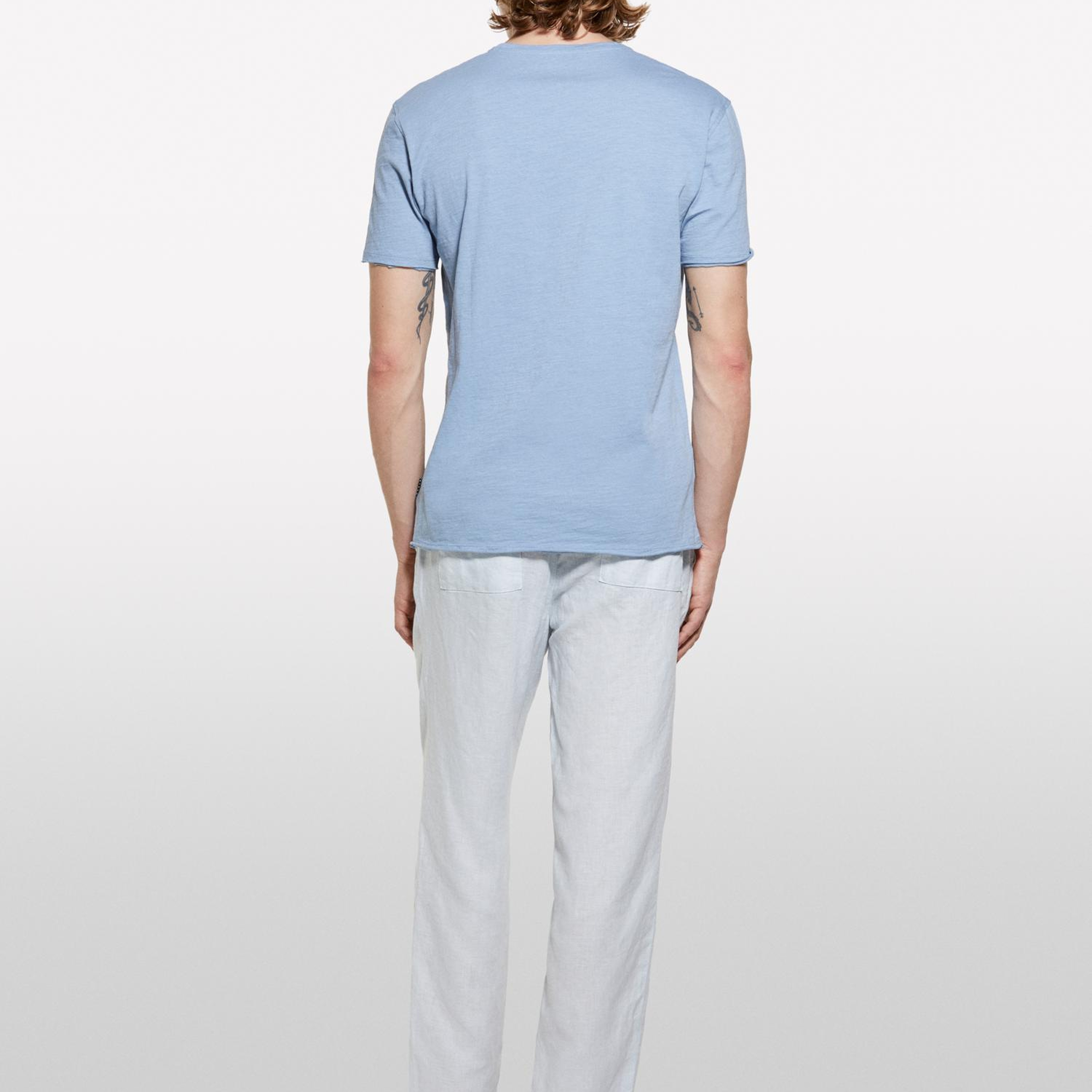 Erkek Havacı Mavi %100 Pamuk V Yaka Slim Fit Slub T-Shirt
