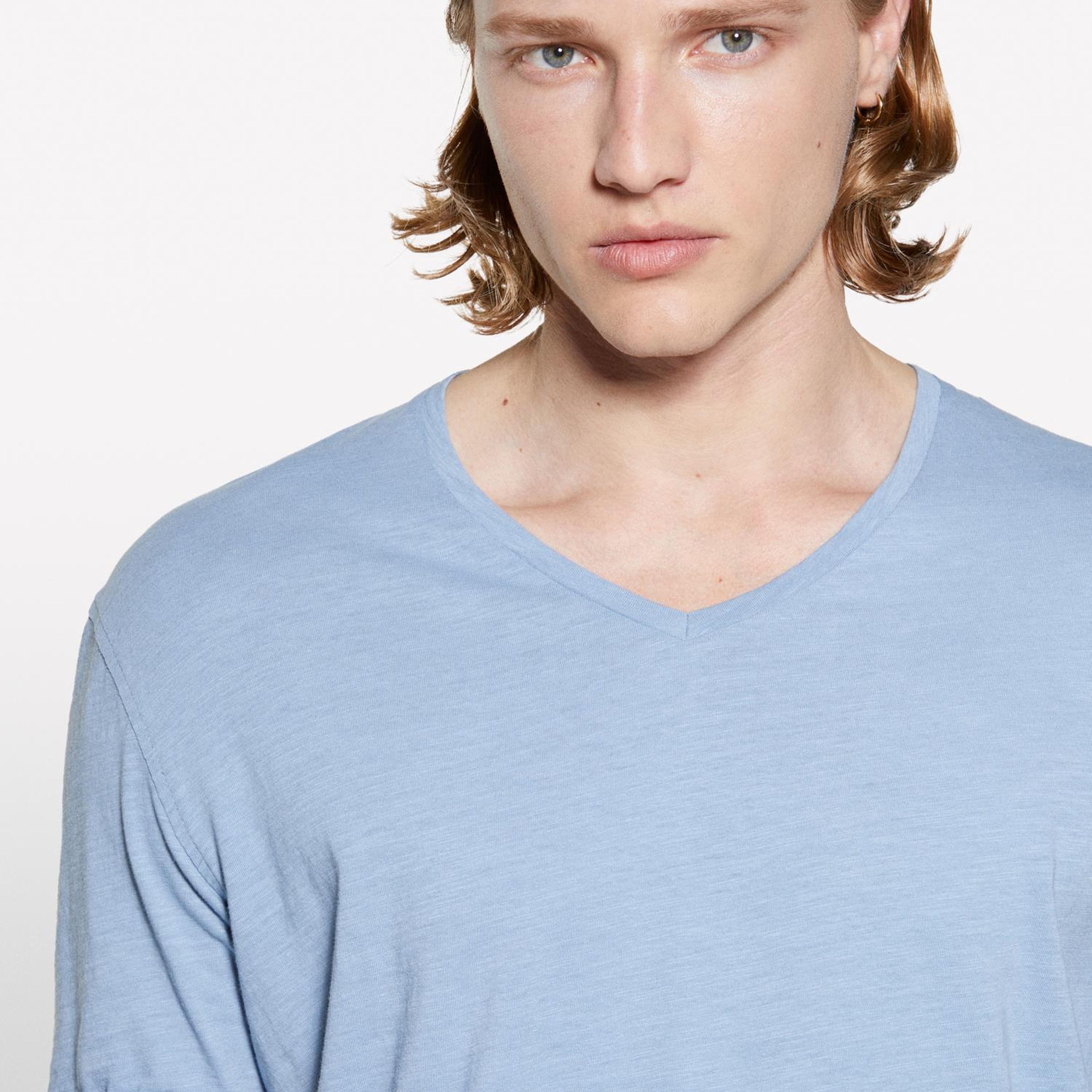 Erkek Havacı Mavi %100 Pamuk V Yaka Slim Fit Slub T-Shirt