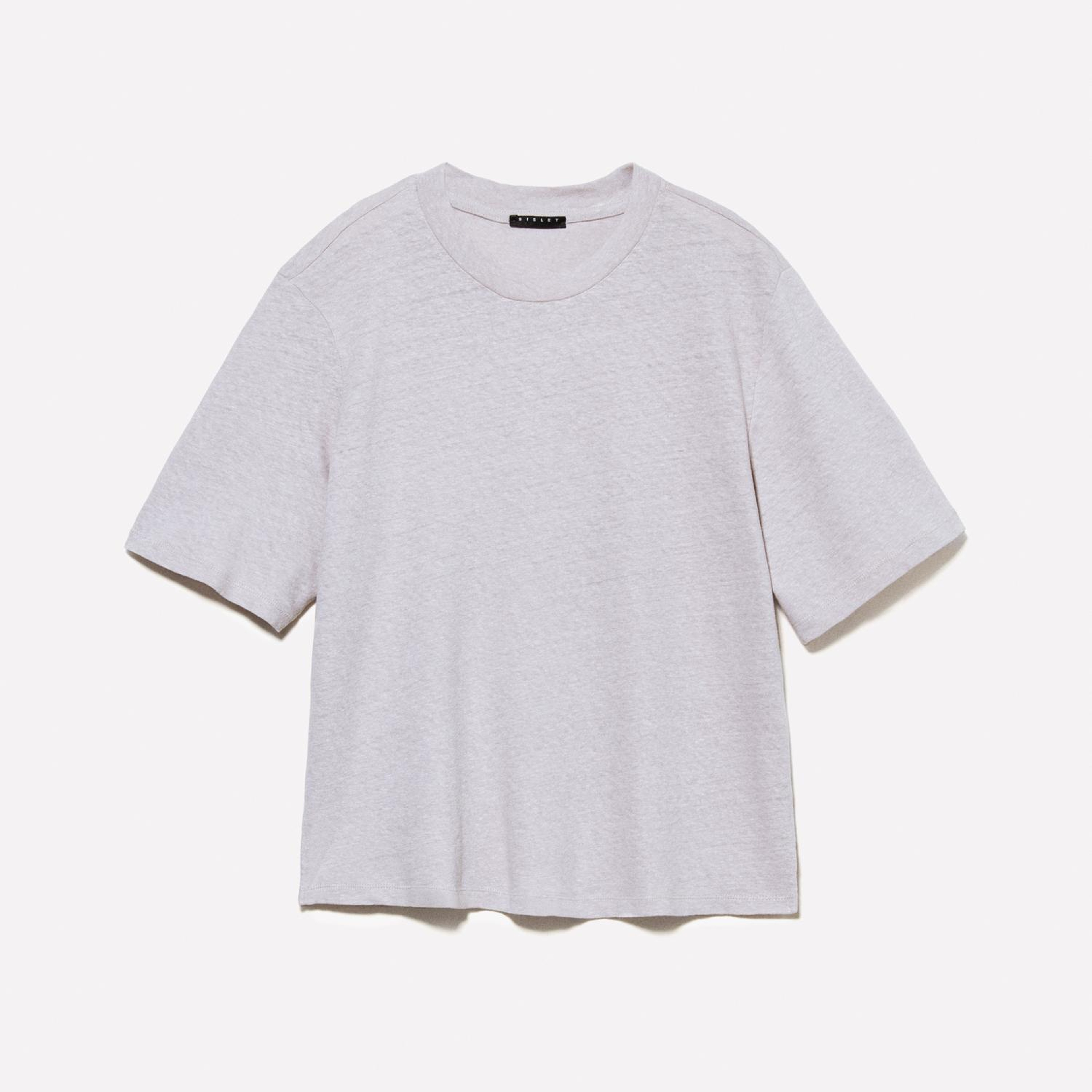 Kadın Gri Keten Karışımlı Bisiklet Yaka T-Shirt