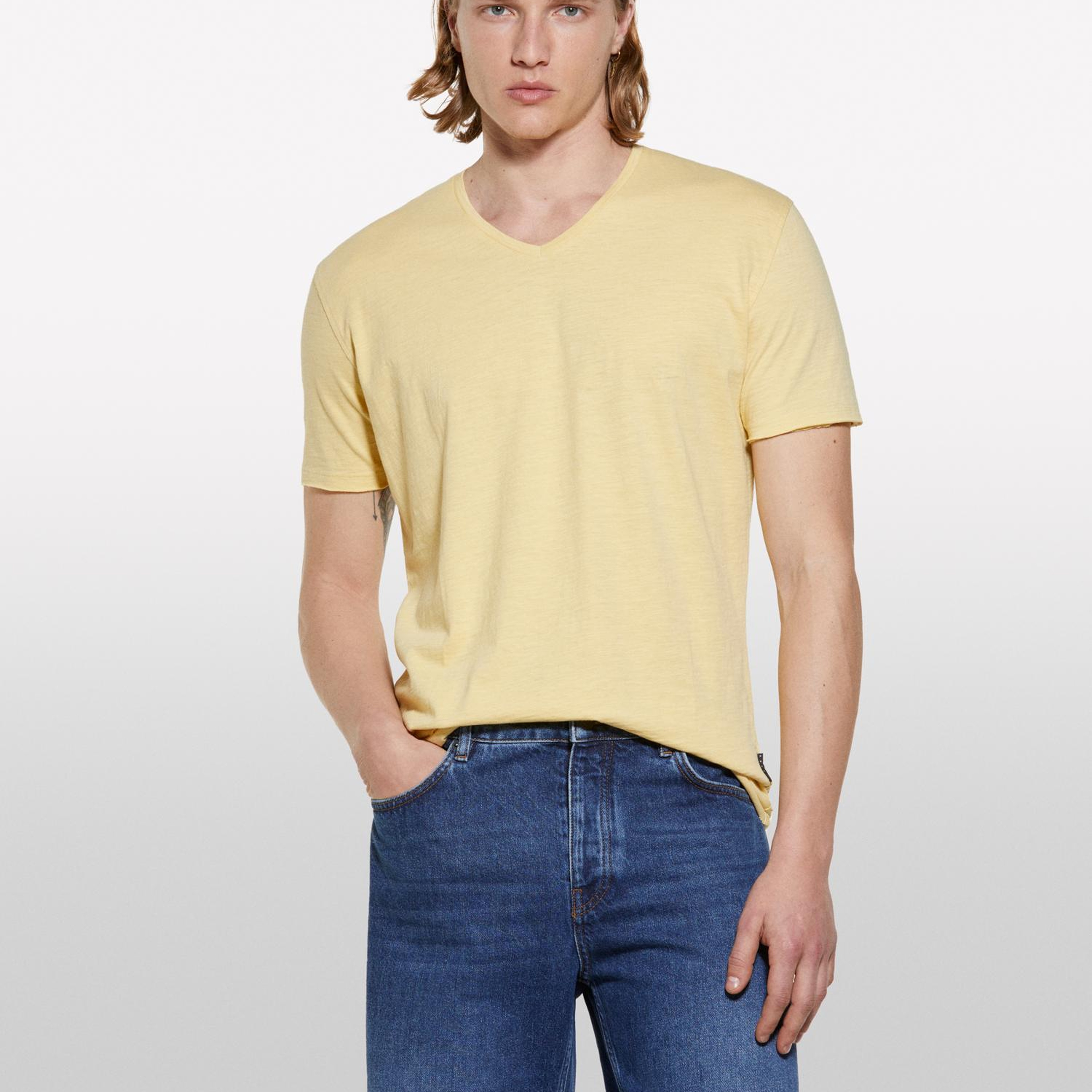 Erkek Soluk Turuncu %100 Pamuk V Yaka Slim Fit Slub T-Shirt