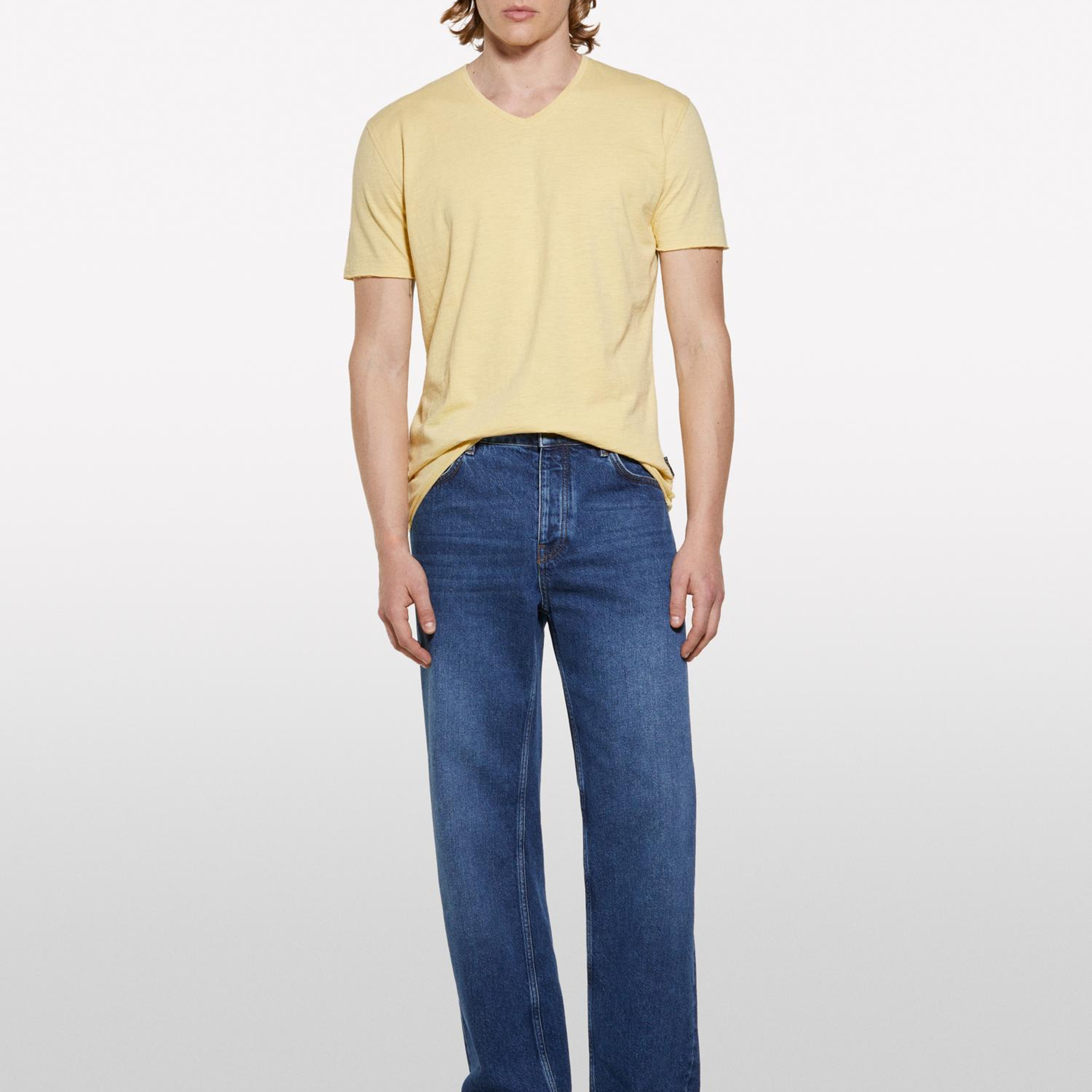 Erkek Soluk Turuncu %100 Pamuk V Yaka Slim Fit Slub T-Shirt