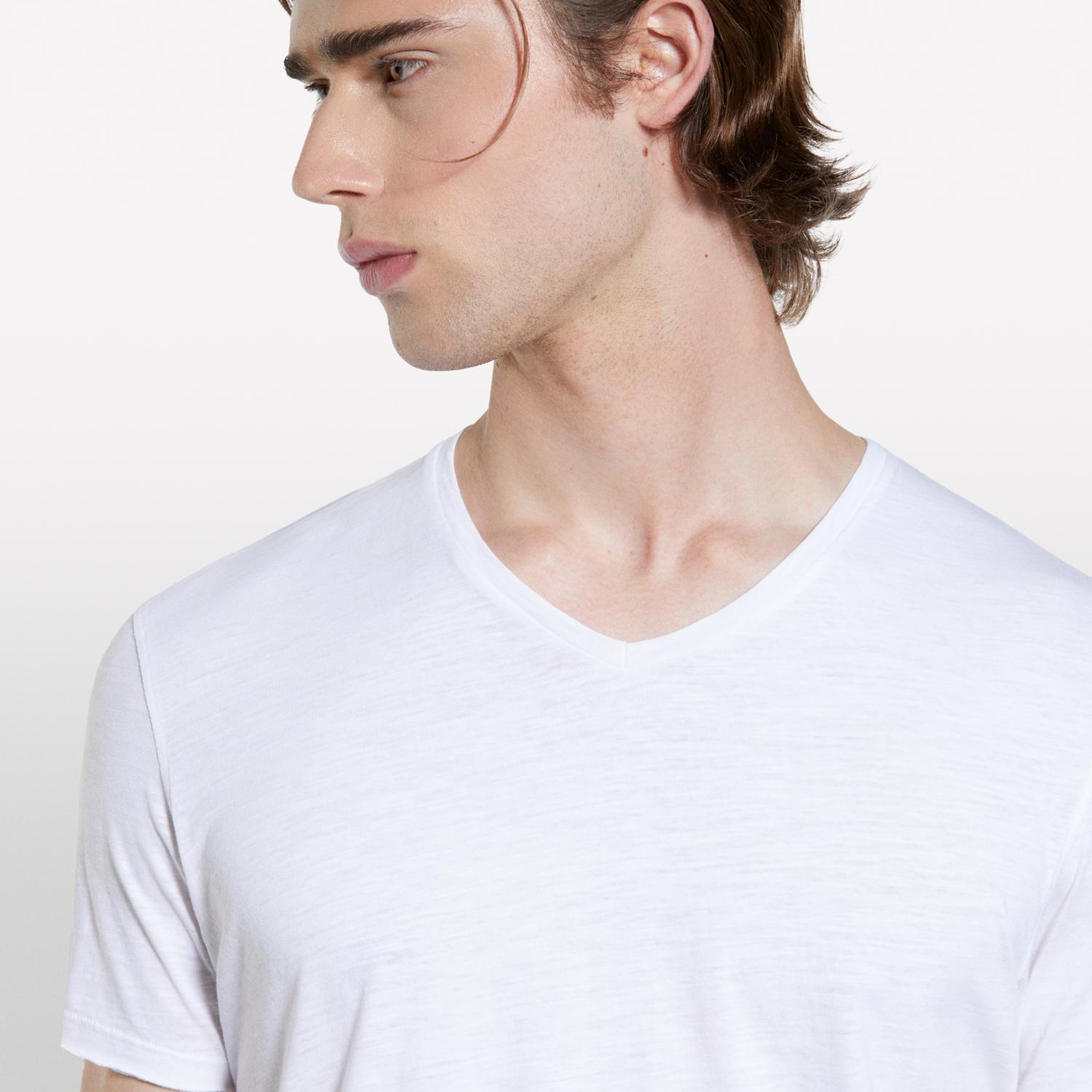 Erkek Beyaz %100 Pamuk V Yaka Slim Fit Slub T-Shirt