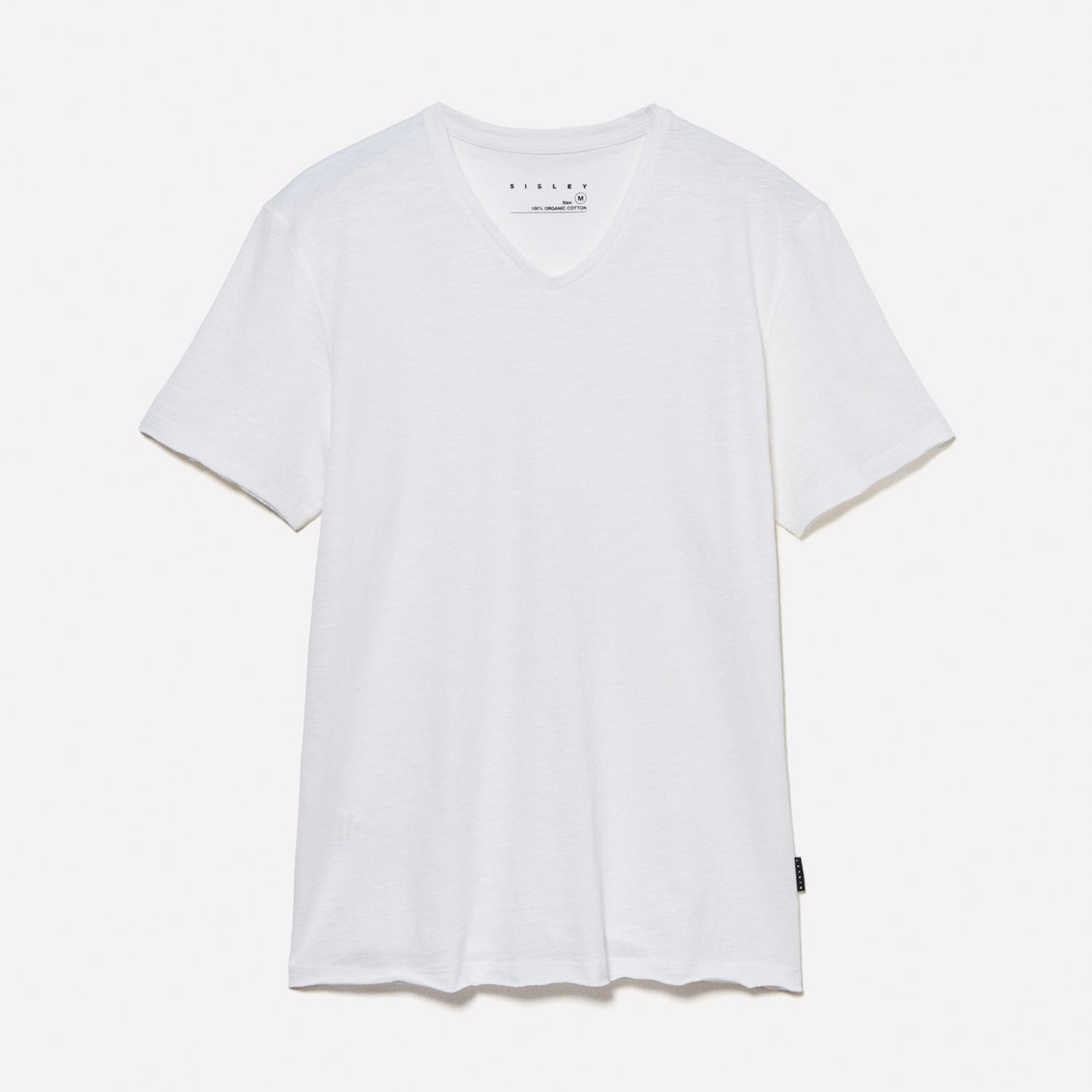 Erkek Beyaz %100 Pamuk V Yaka Slim Fit Slub T-Shirt