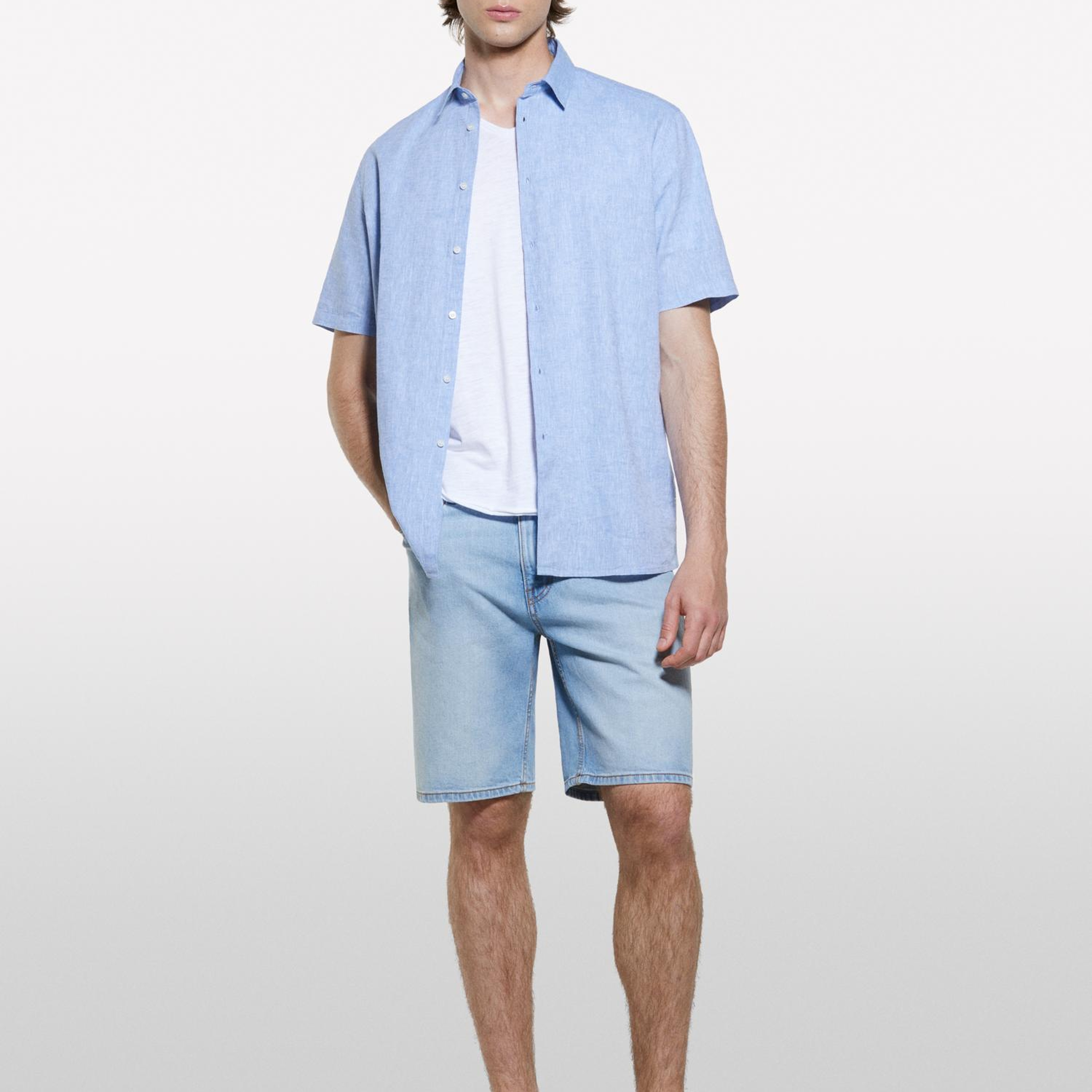Erkek Beyaz %100 Pamuk V Yaka Slim Fit Slub T-Shirt