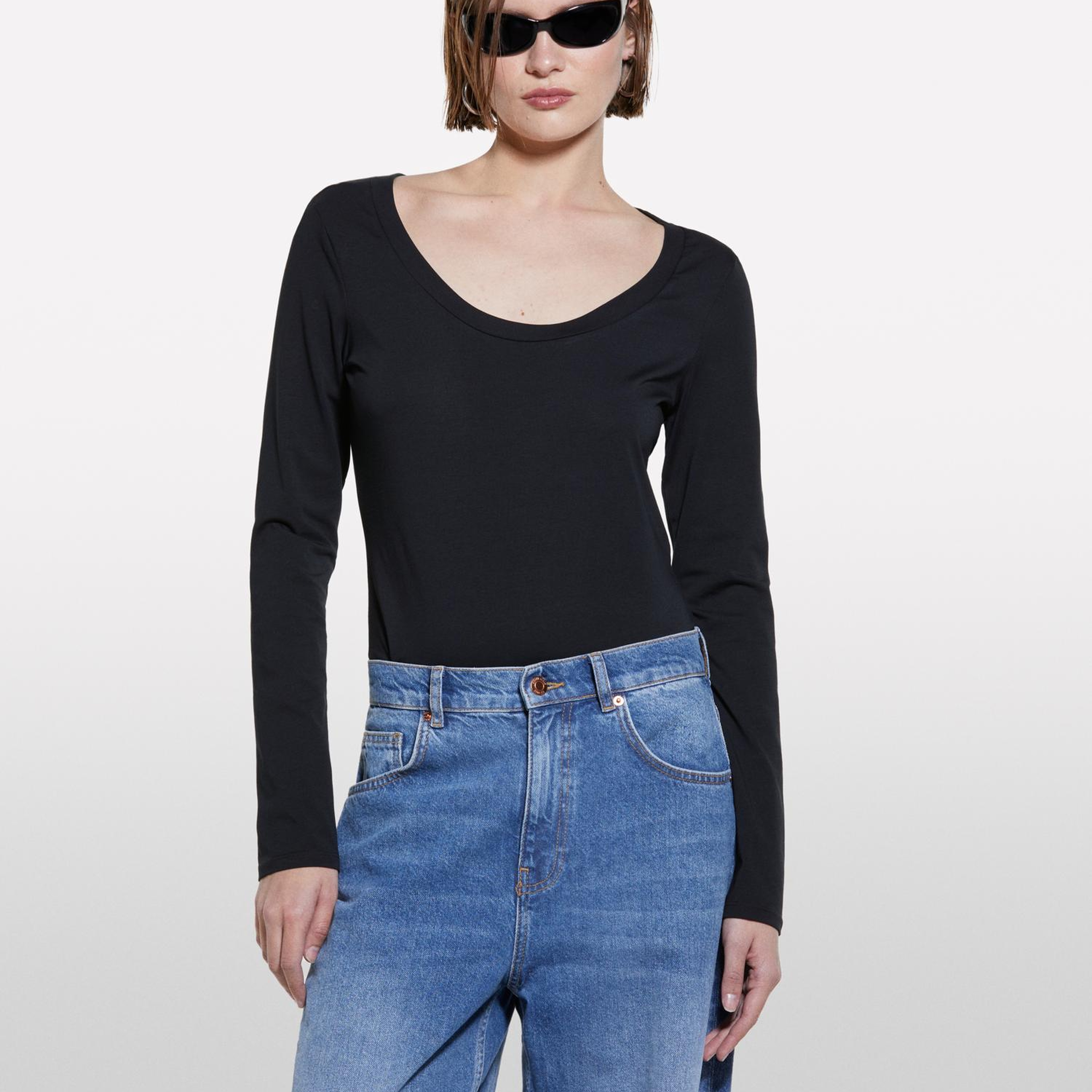 Kadın Siyah Pamuk Karışımlı Uzun Kollu Slim Fit T-Shirt