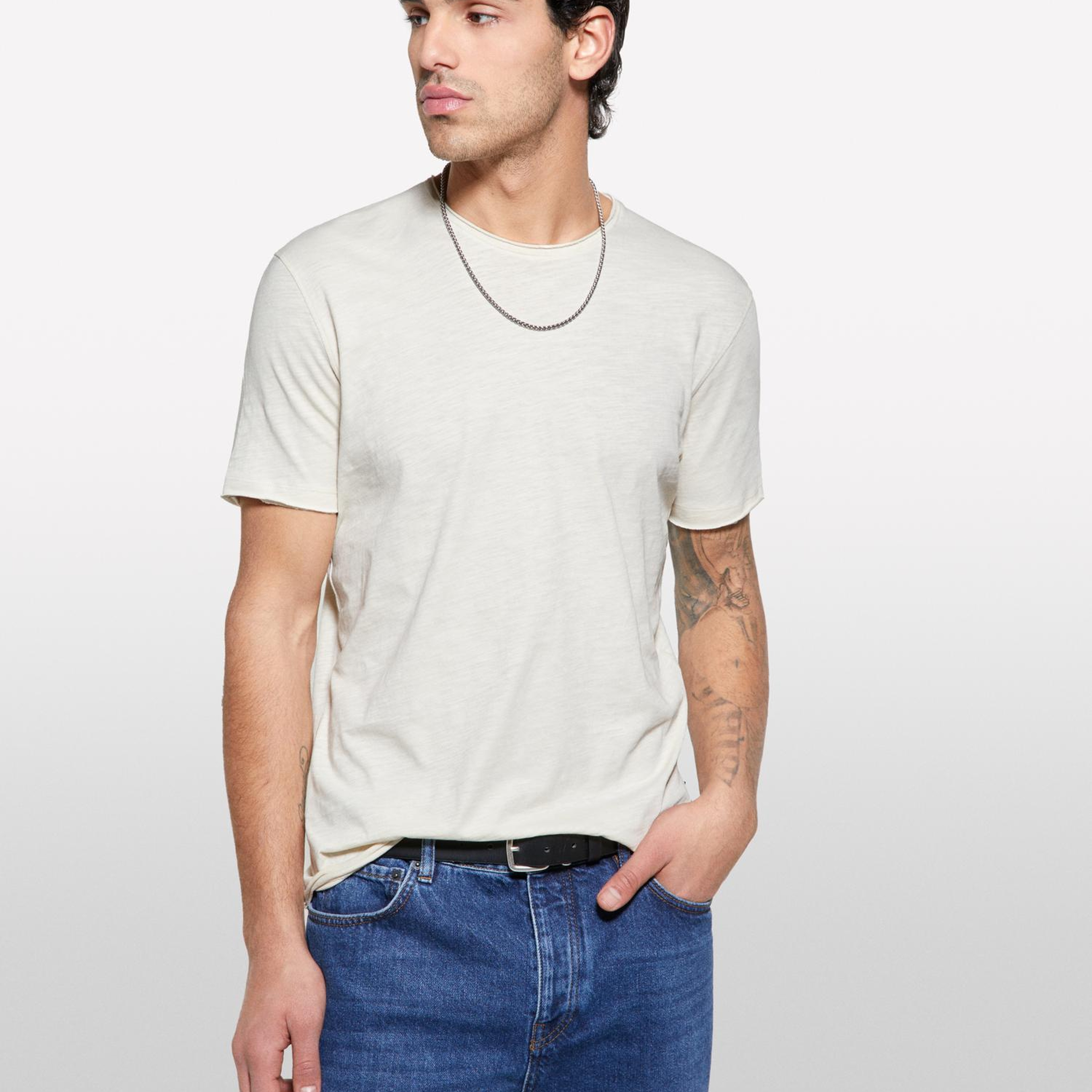 Erkek Açık Bej %100 Pamuk Bisiklet Yaka Slim Fit Slub T-Shirt