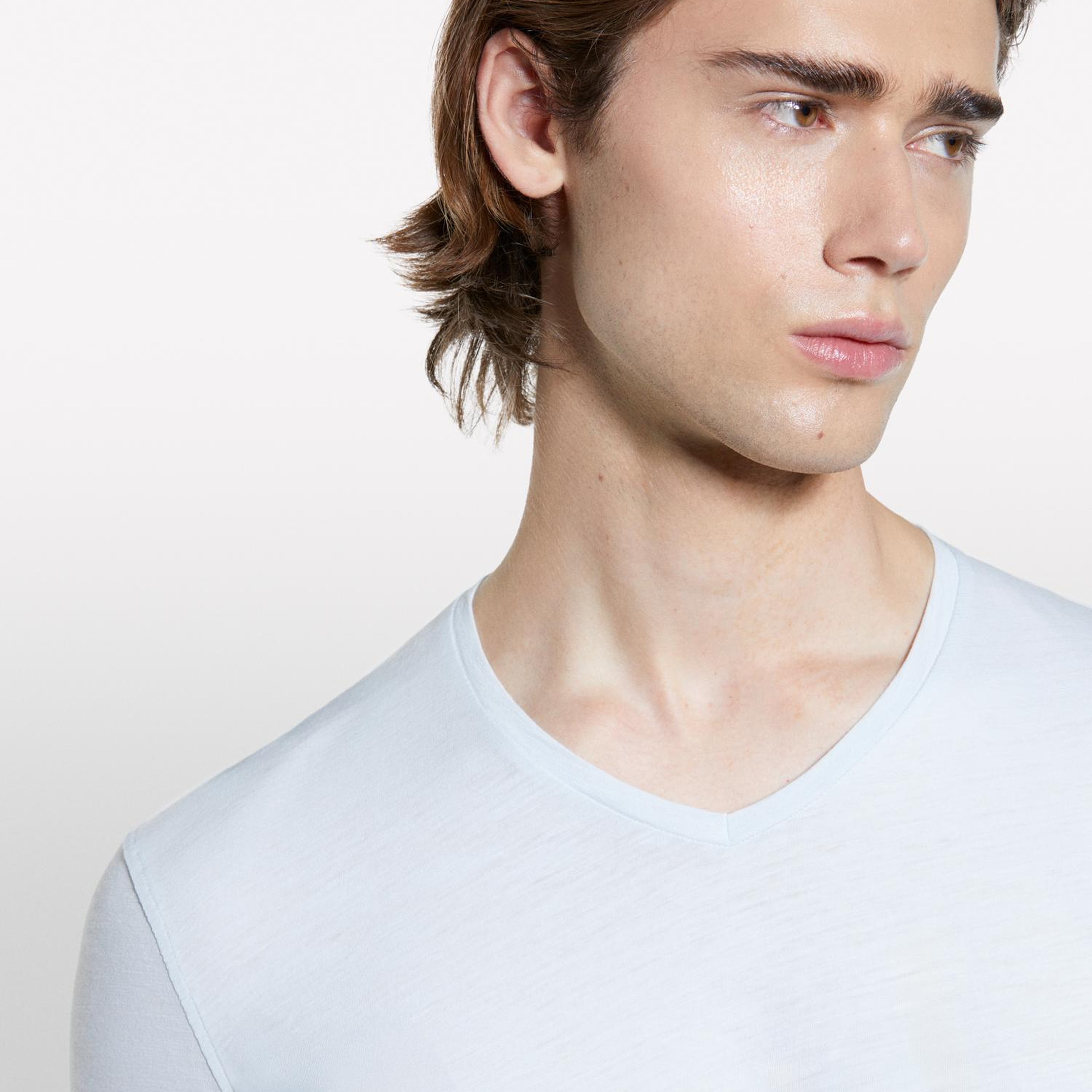 Erkek Buz Mavisi %100 Pamuk V Yaka Slim Fit Slub T-Shirt