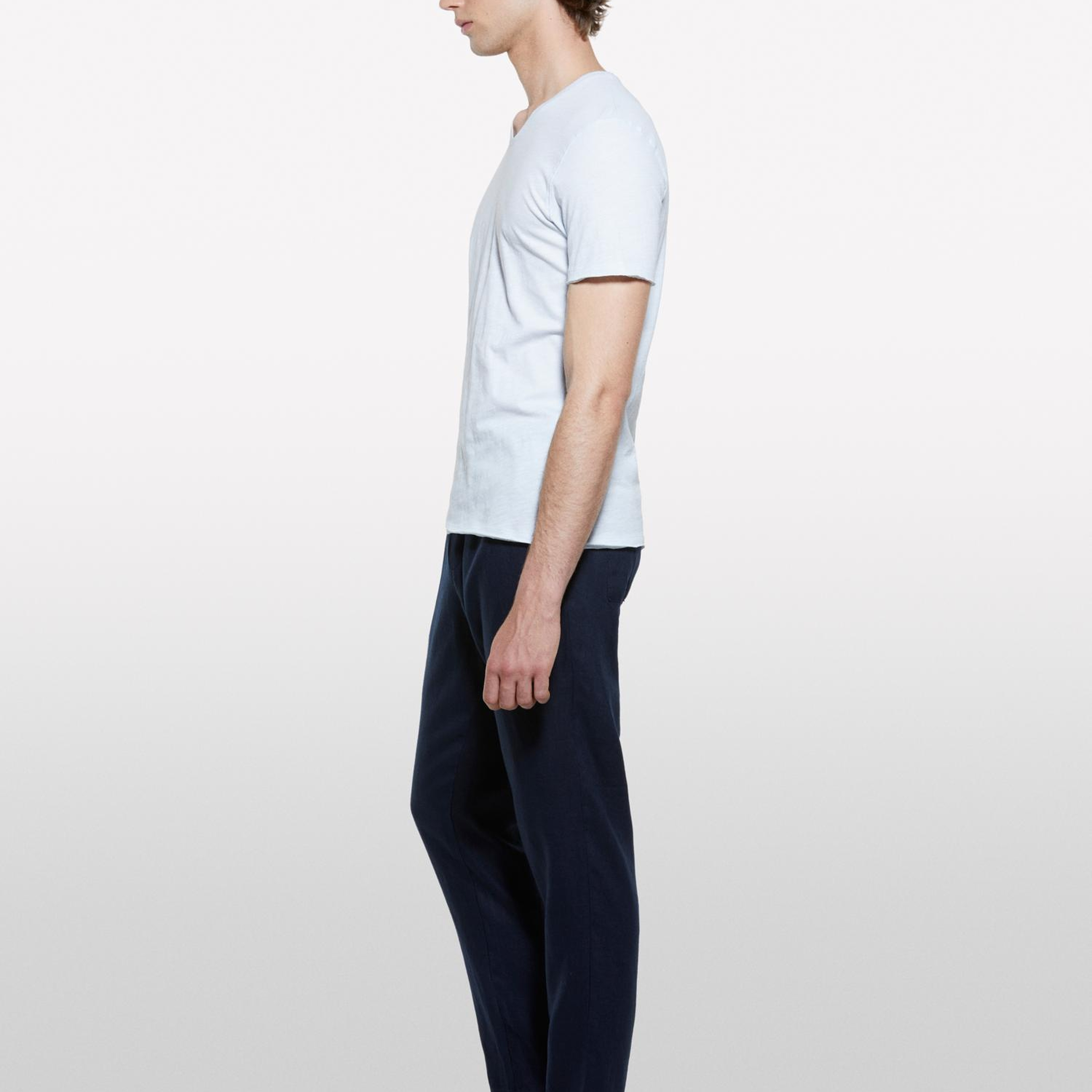 Erkek Buz Mavisi %100 Pamuk V Yaka Slim Fit Slub T-Shirt