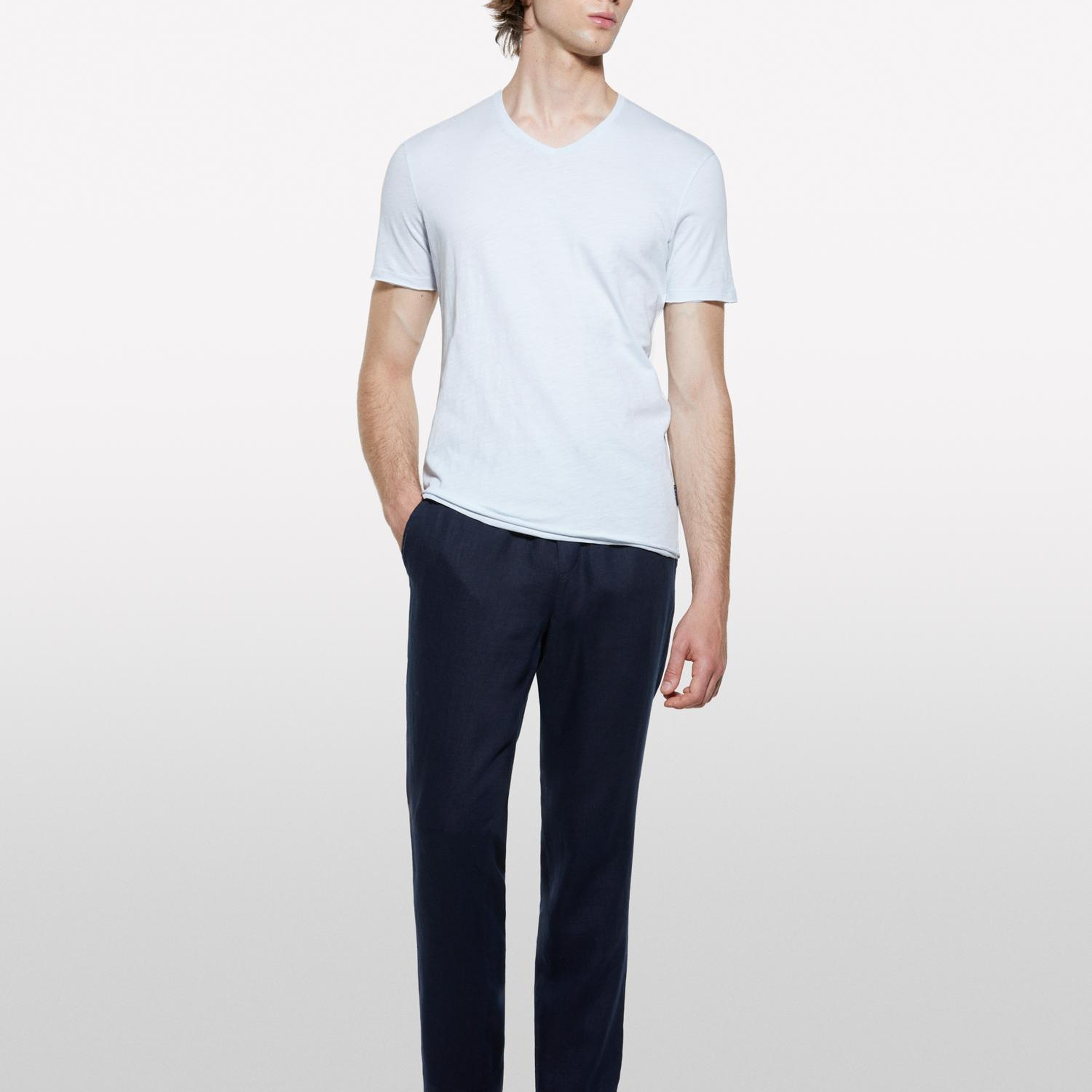 Erkek Buz Mavisi %100 Pamuk V Yaka Slim Fit Slub T-Shirt