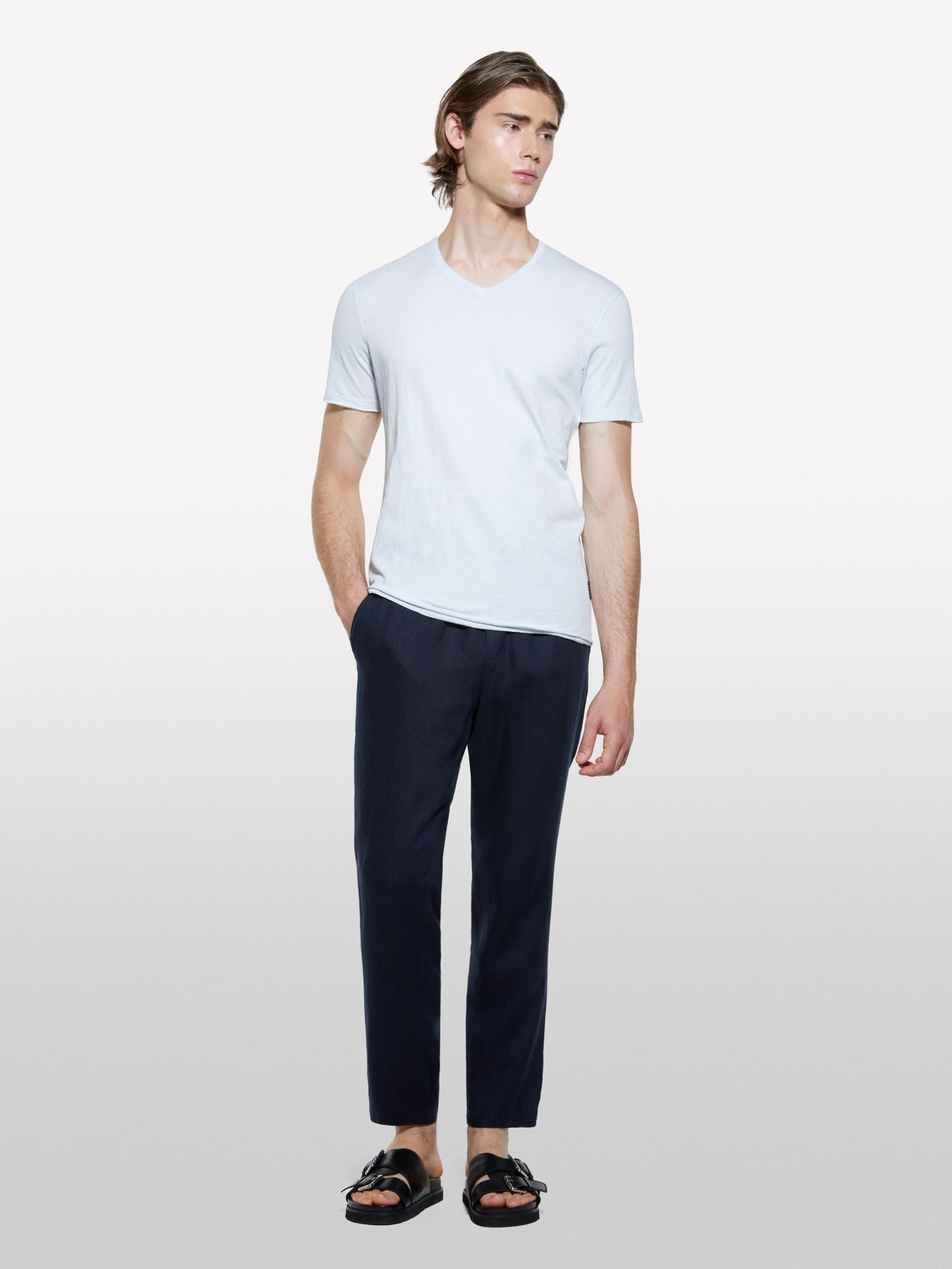 Erkek Buz Mavisi %100 Pamuk V Yaka Slim Fit Slub T-Shirt