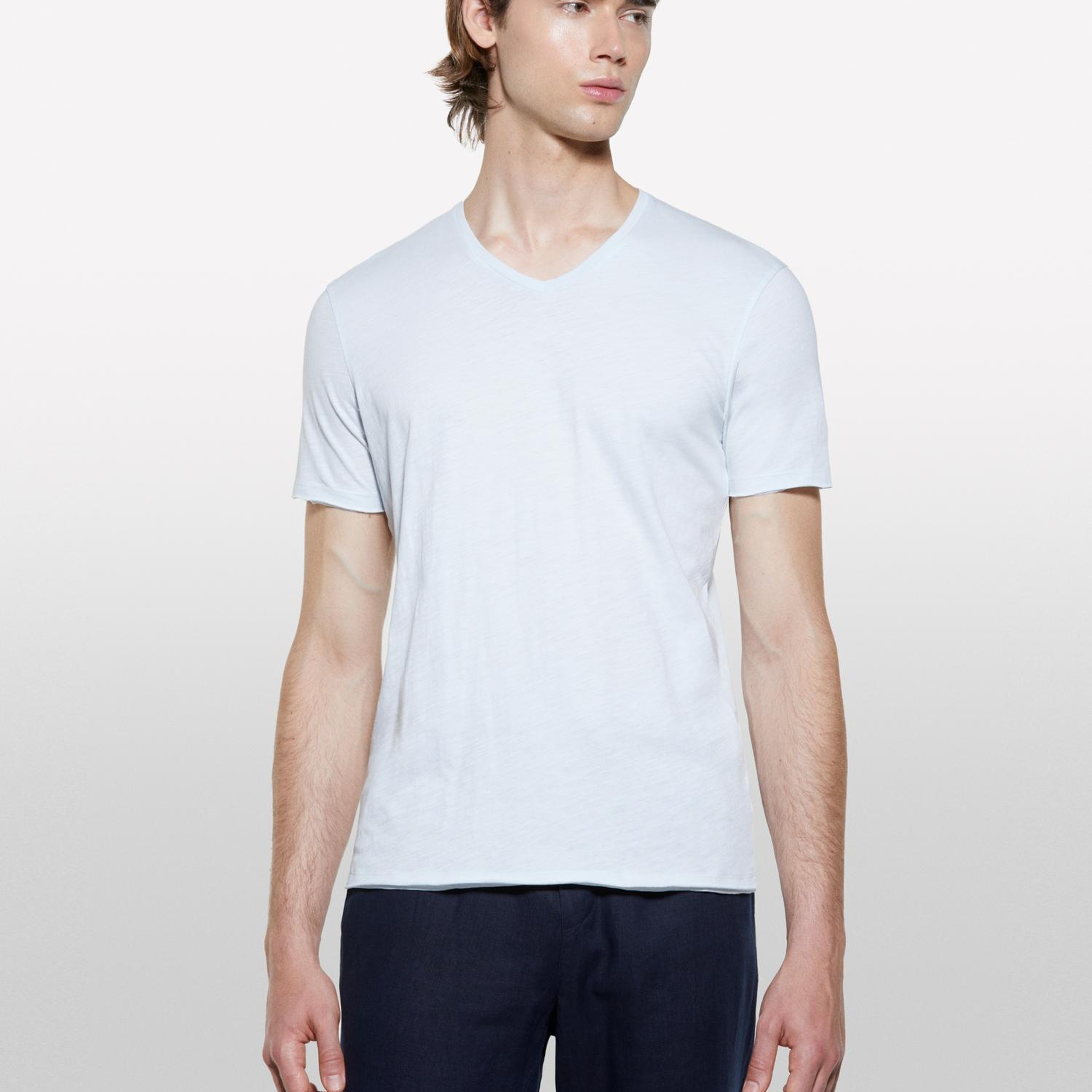 Erkek Buz Mavisi %100 Pamuk V Yaka Slim Fit Slub T-Shirt