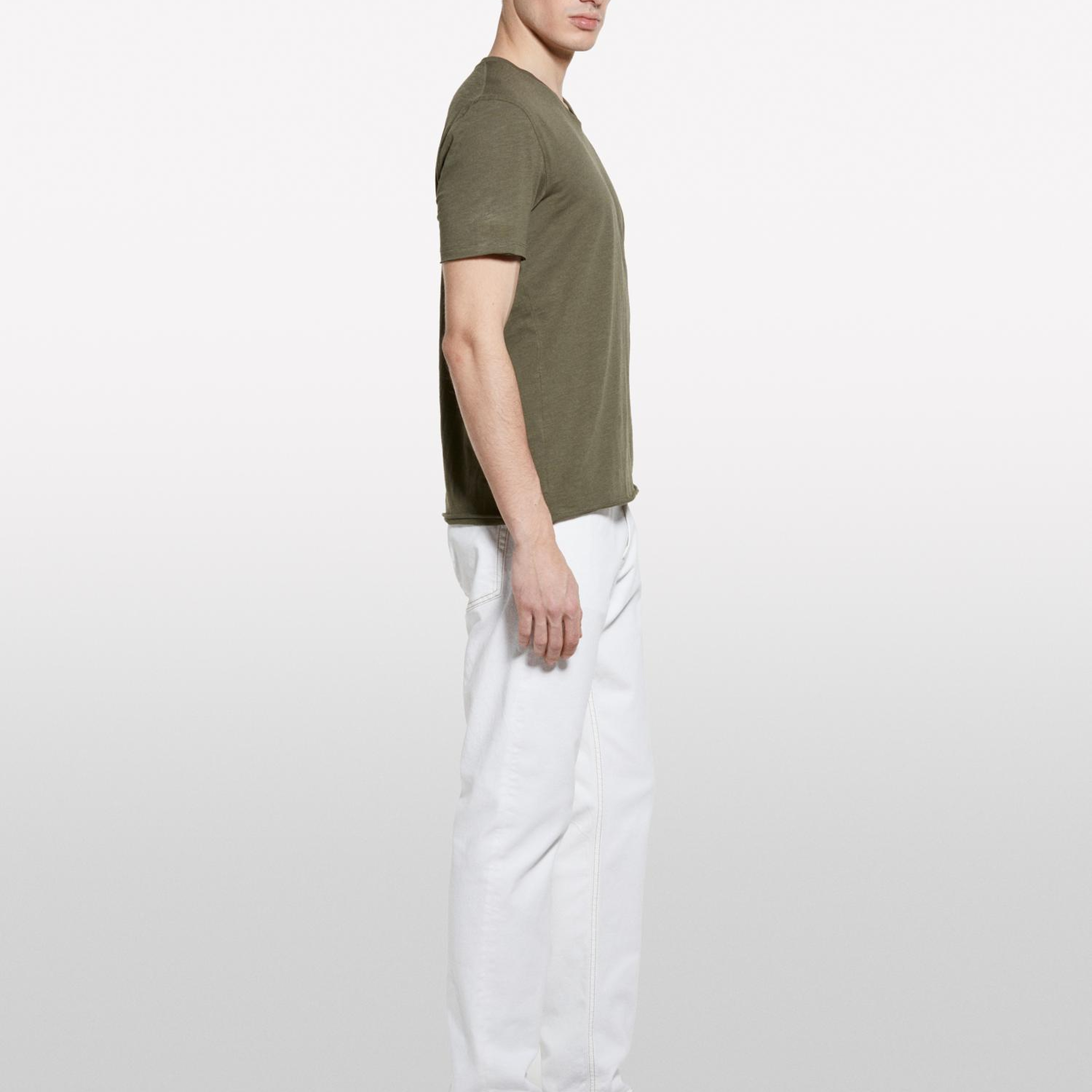 Erkek Asker Yeşili %100 Pamuk V Yaka Slim Fit Slub T-Shirt