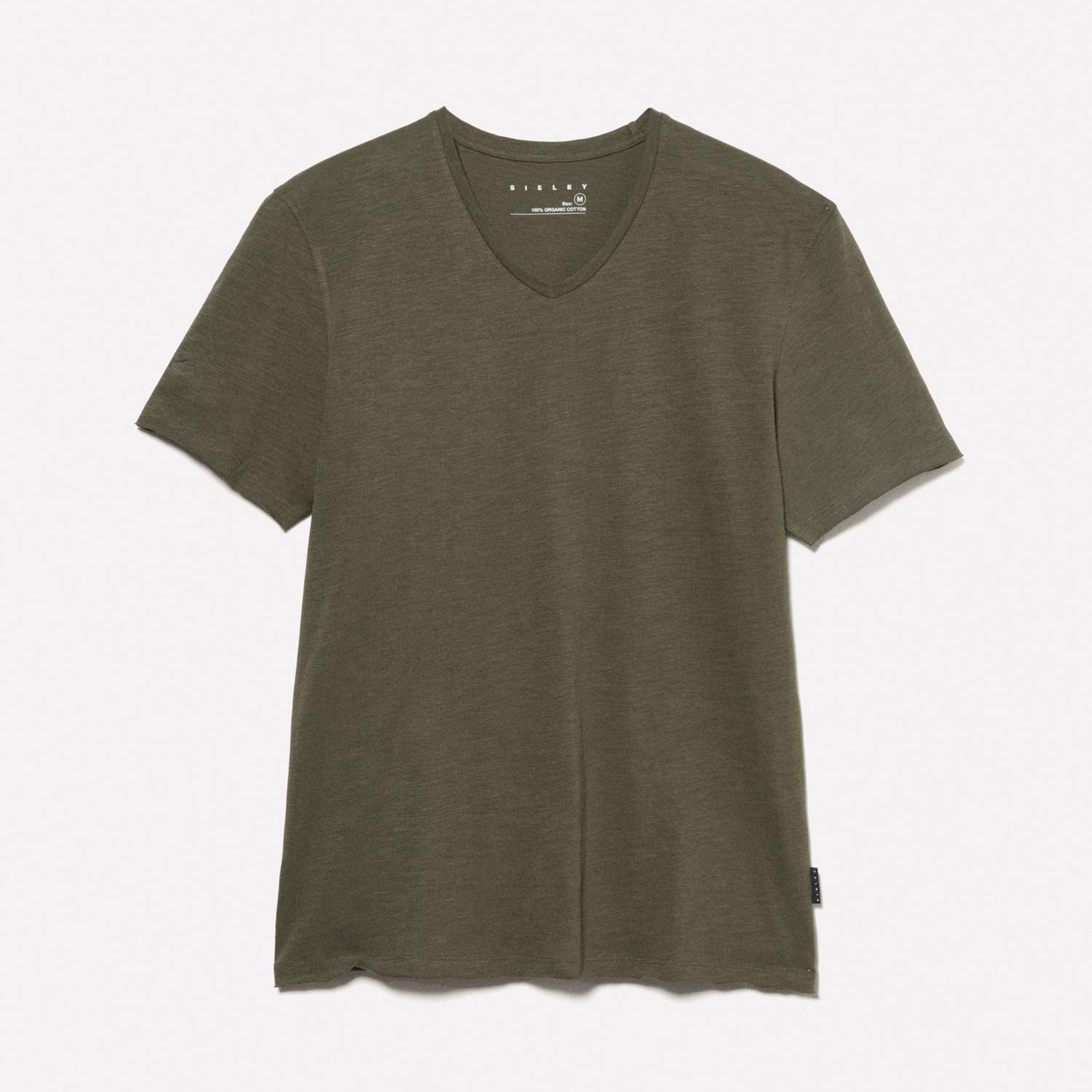 Erkek Asker Yeşili %100 Pamuk V Yaka Slim Fit Slub T-Shirt