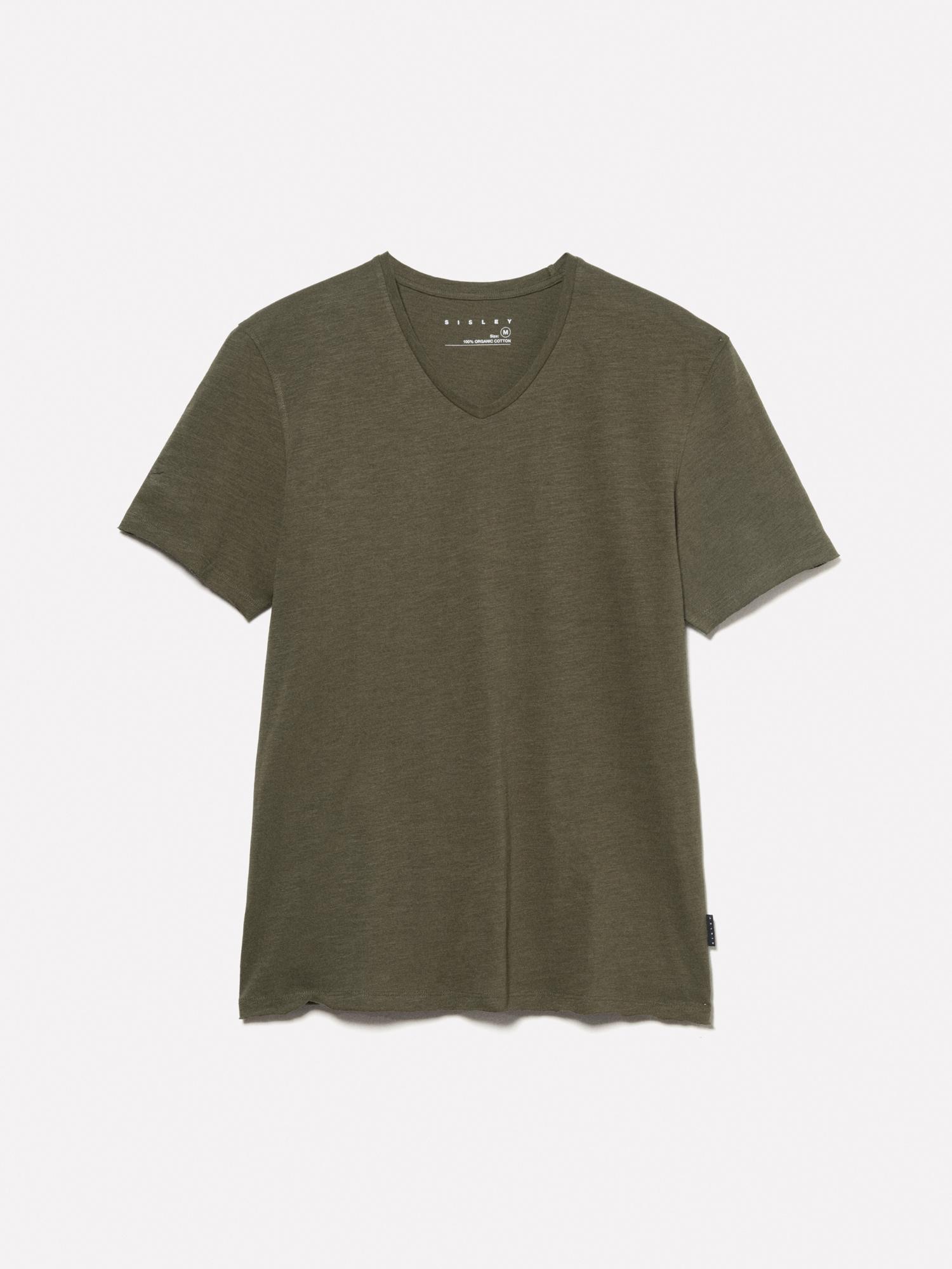 Erkek Asker Yeşili %100 Pamuk V Yaka Slim Fit Slub T-Shirt