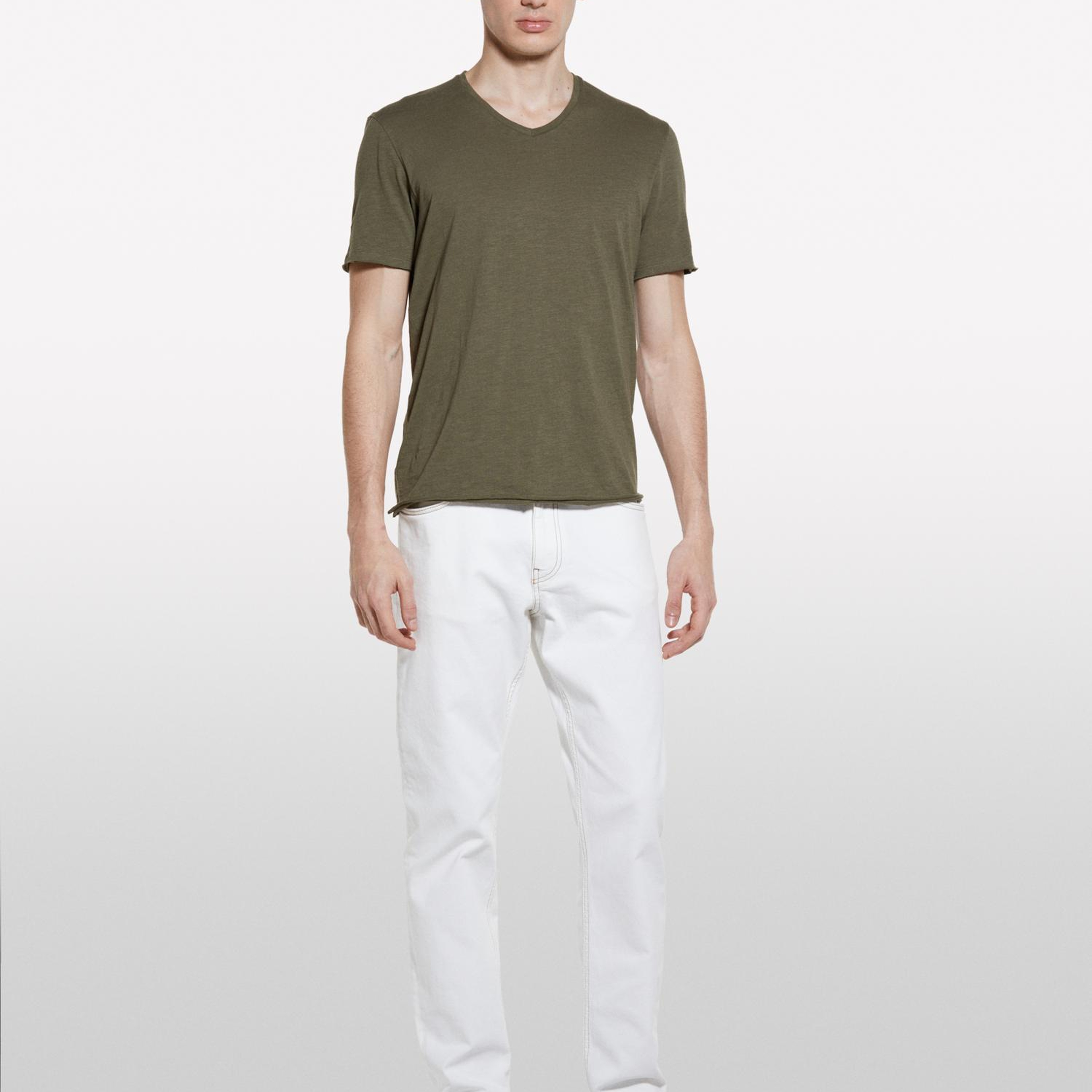 Erkek Asker Yeşili %100 Pamuk V Yaka Slim Fit Slub T-Shirt