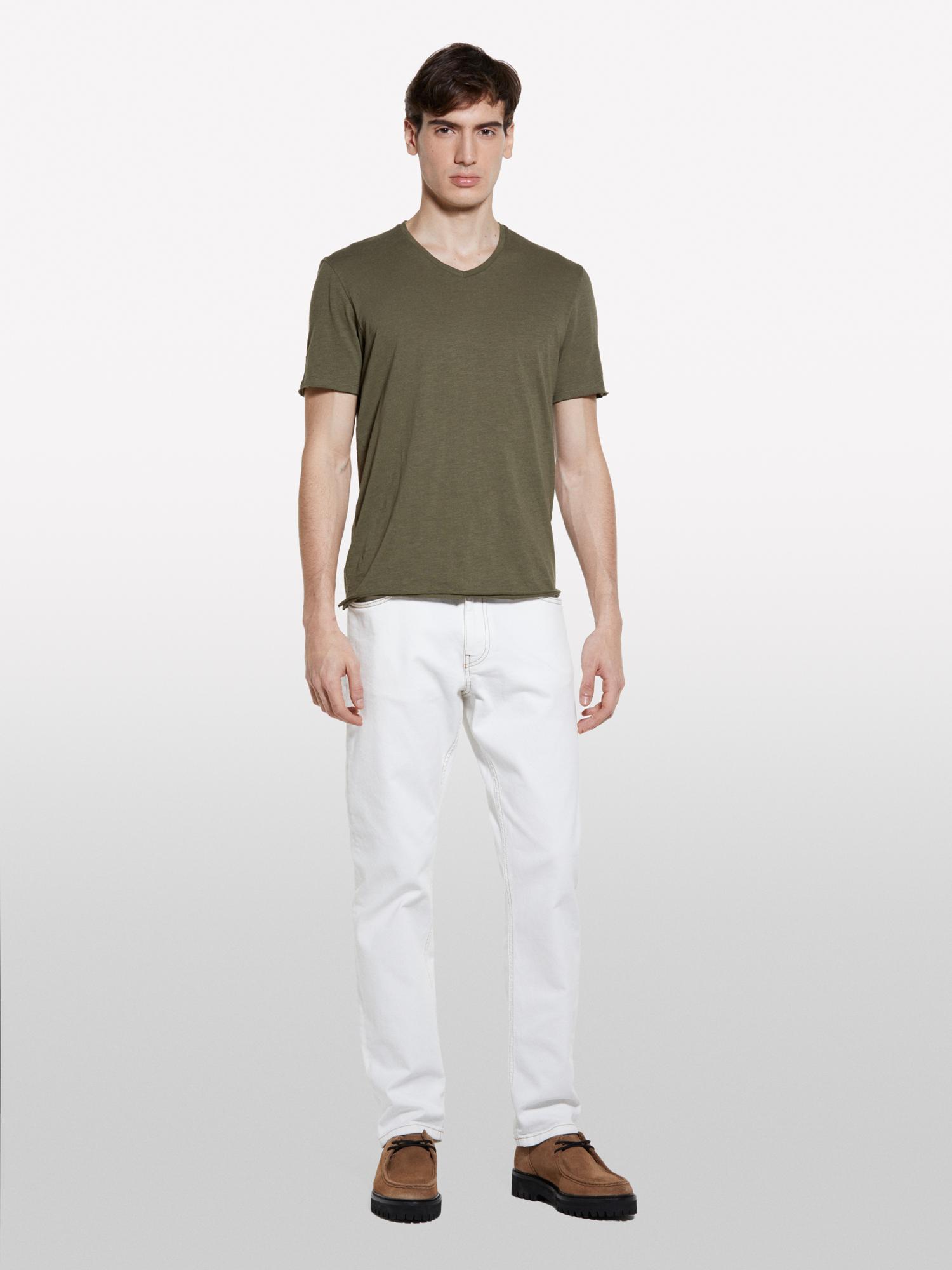 Erkek Asker Yeşili %100 Pamuk V Yaka Slim Fit Slub T-Shirt