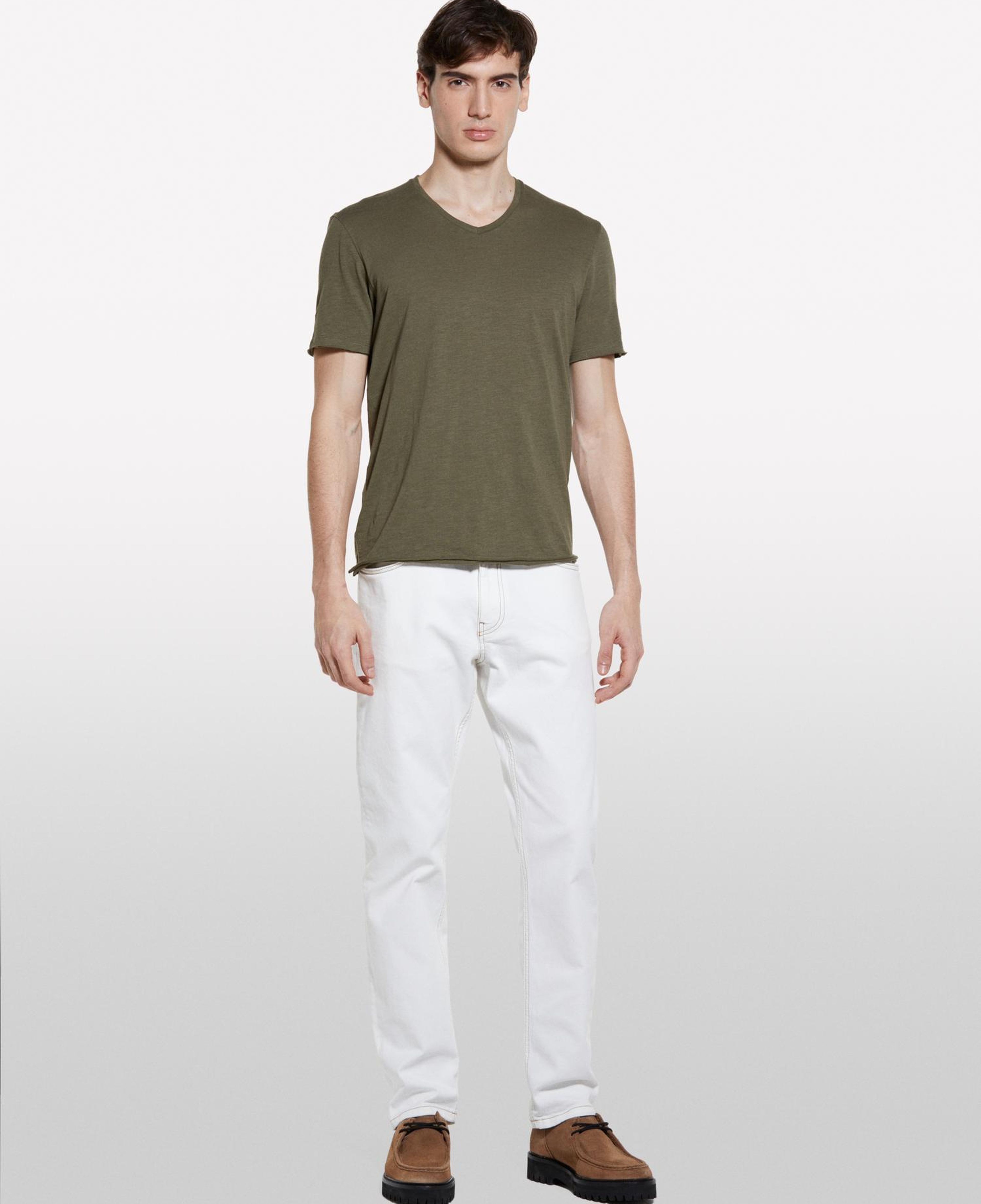 Erkek Asker Yeşili %100 Pamuk V Yaka Slim Fit Slub T-Shirt