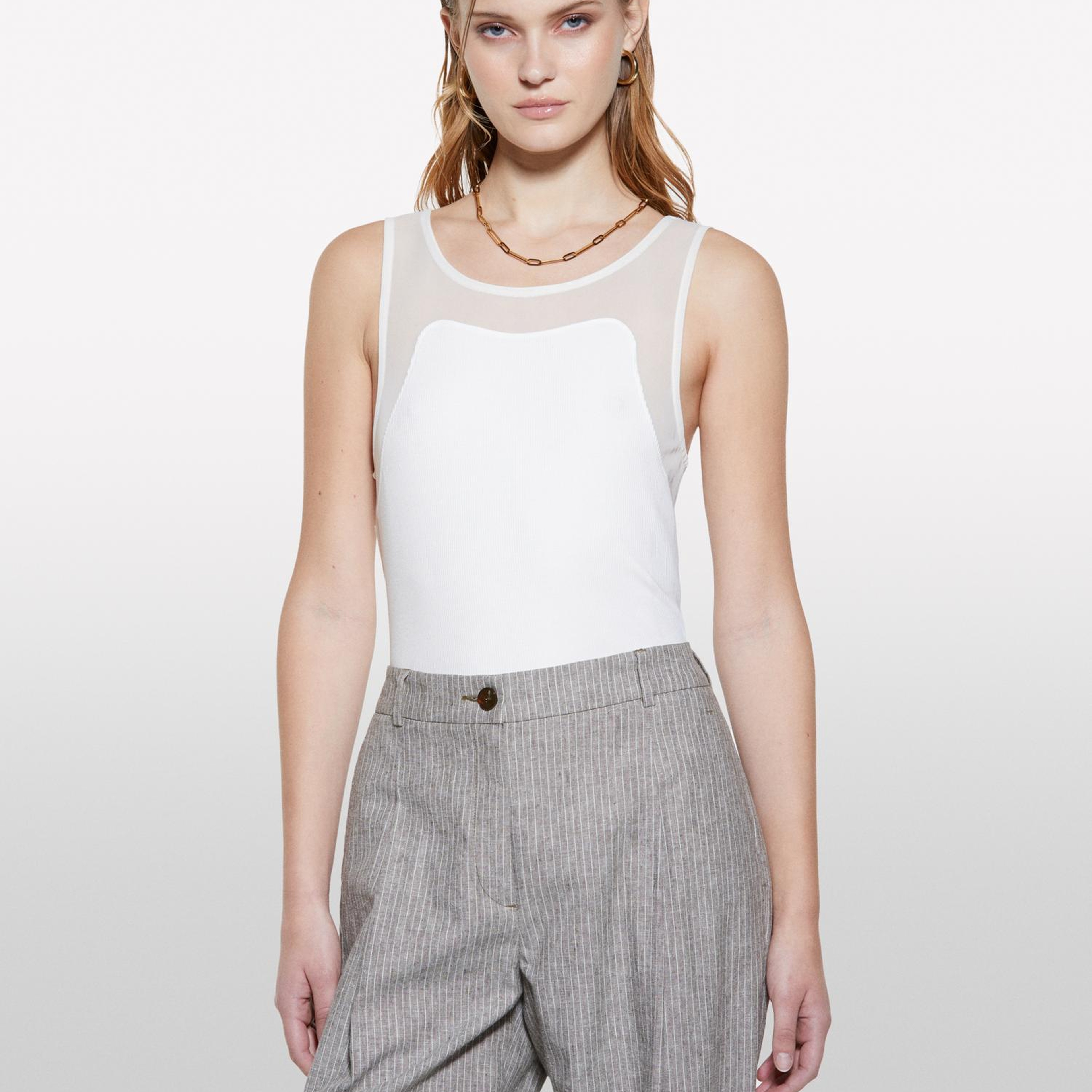 Kadın Kırık Beyaz Viskoz Karışımlı Nervürlü Jarse Slim Fit Atlet