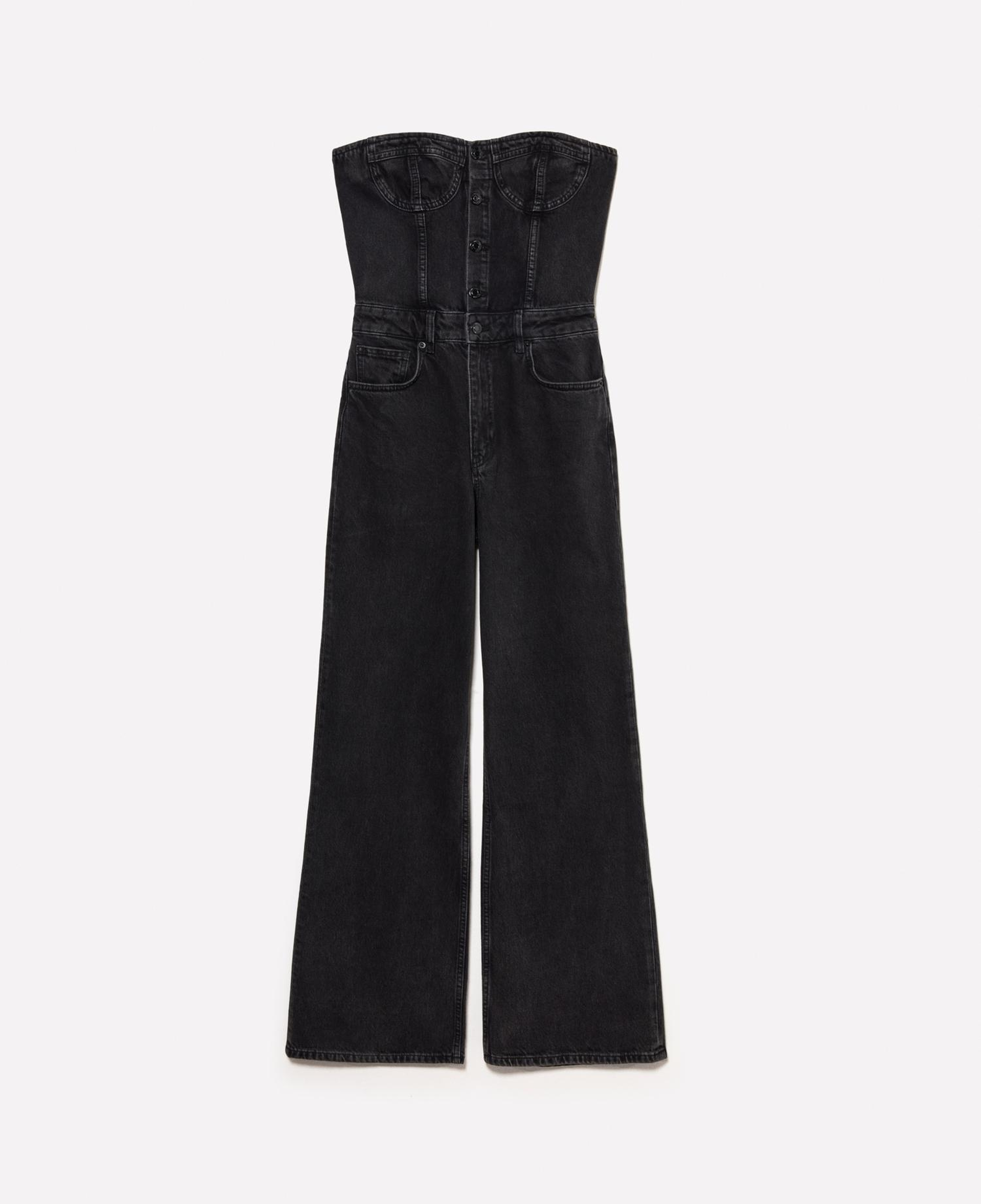 Kadın Siyah %100 Pamuk Taş Yıkama Önü Düğmeli Denim Tulum