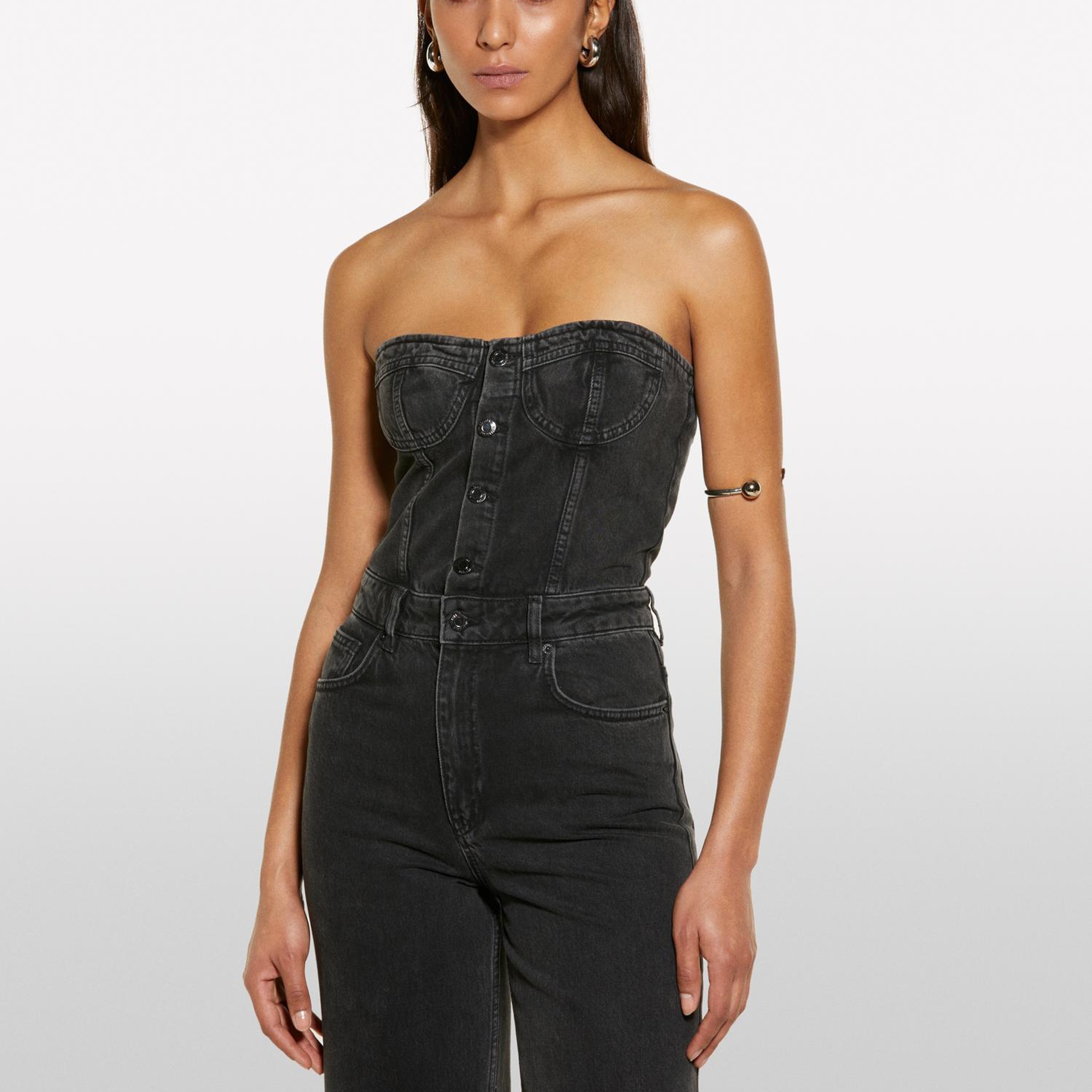 Kadın Siyah %100 Pamuk Taş Yıkama Önü Düğmeli Denim Tulum