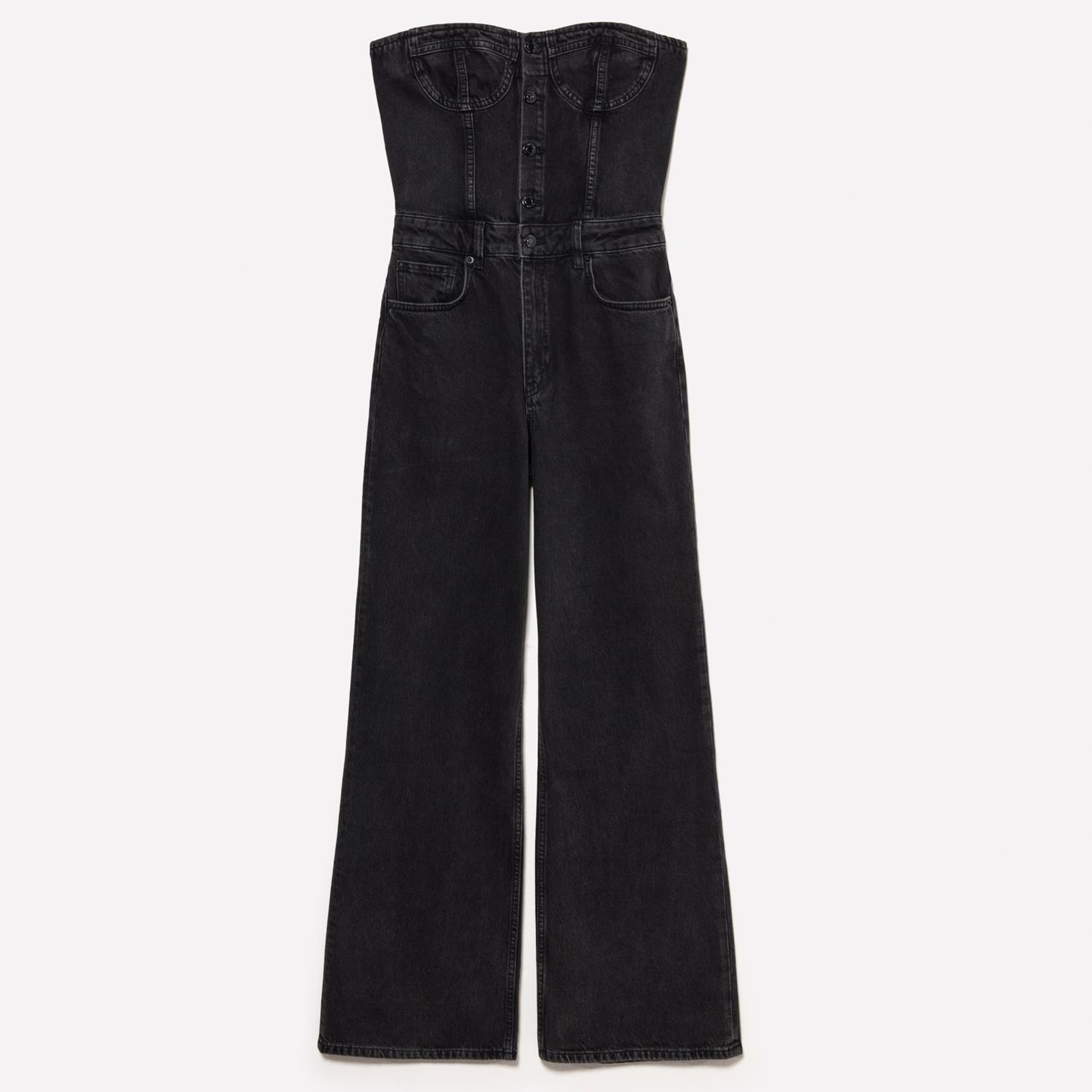 Kadın Siyah %100 Pamuk Taş Yıkama Önü Düğmeli Denim Tulum