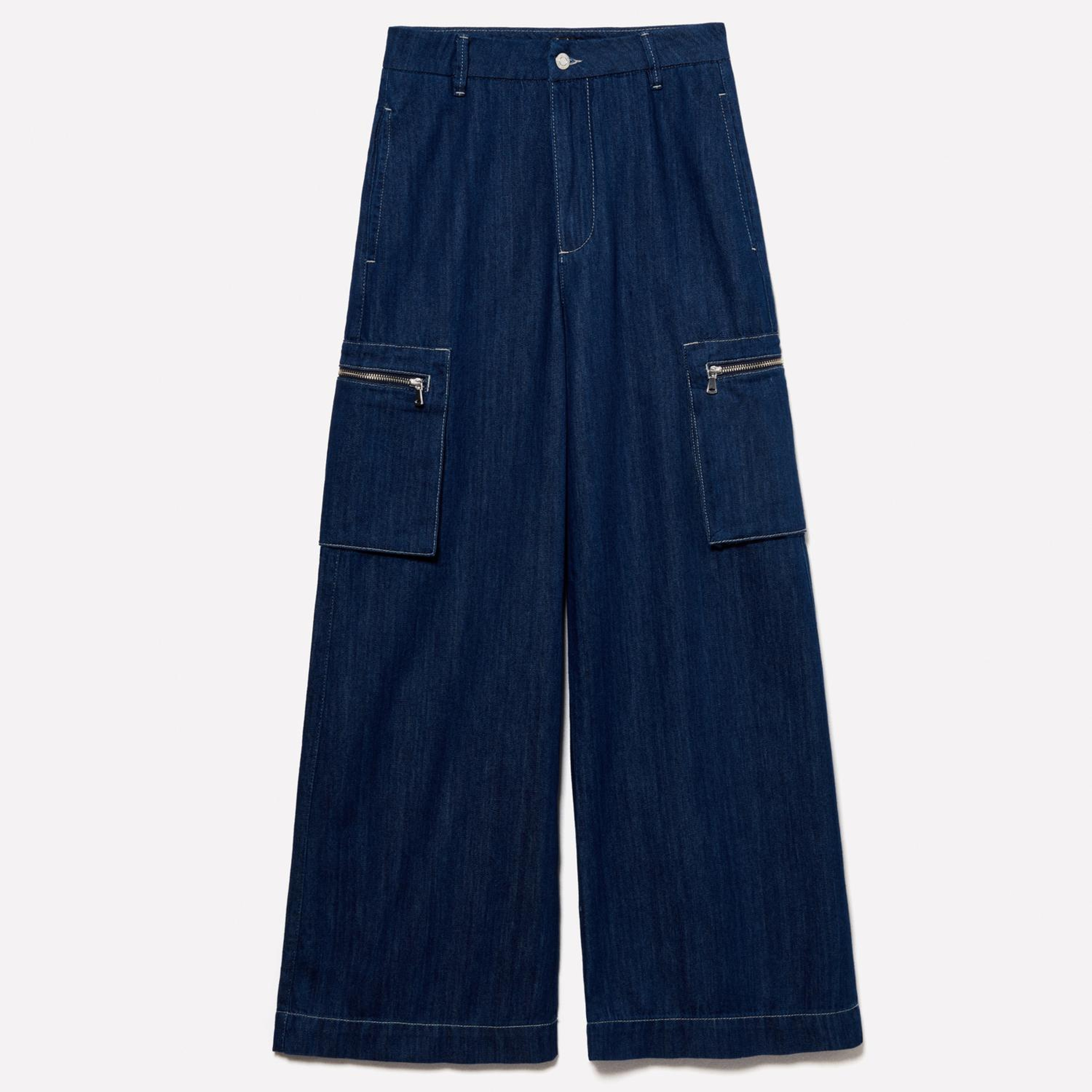 Kadın Denim %100 Pamuk Cep Detaylı Yüksek Bel Geniş Paça Denim Pantolon