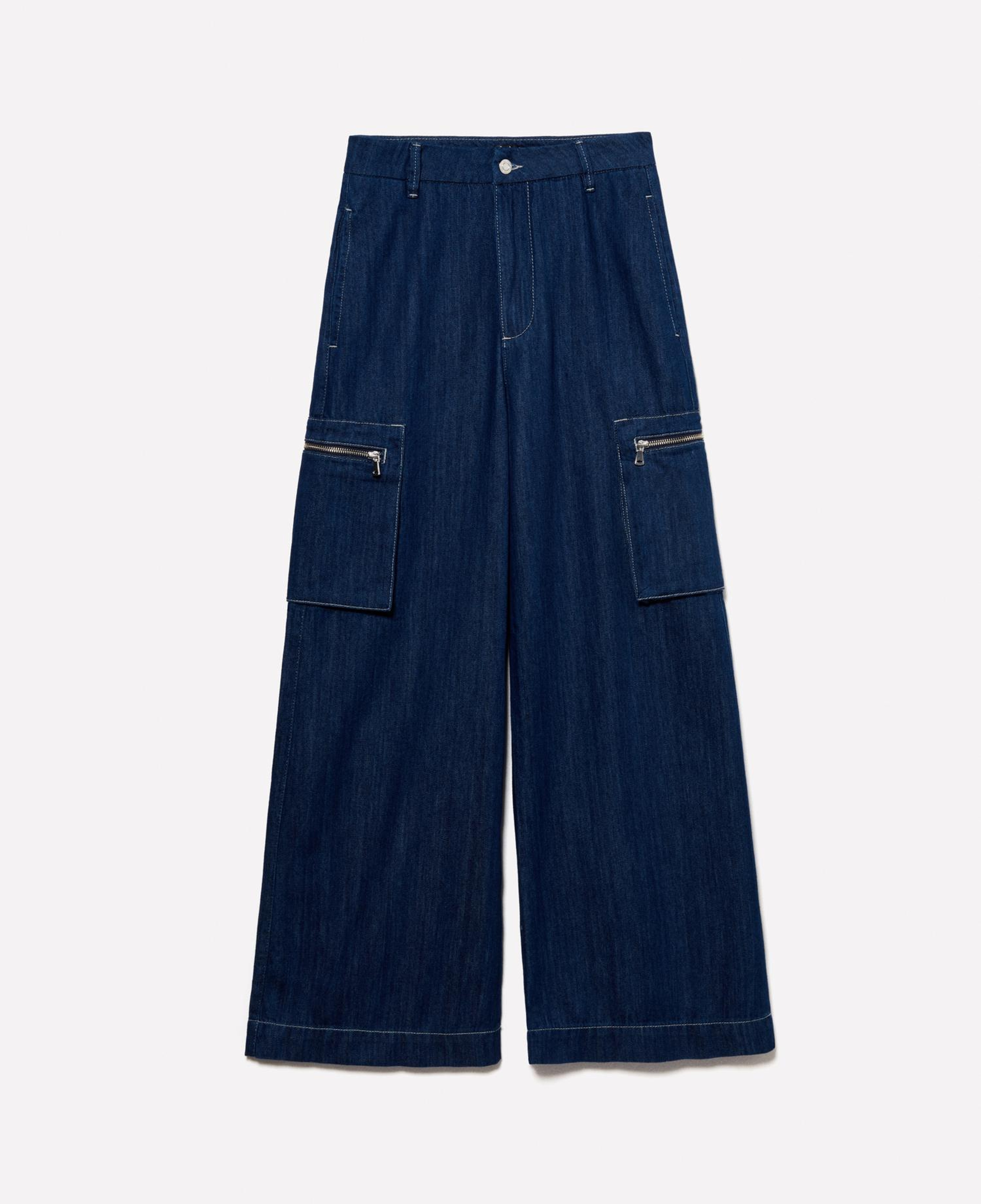 Kadın Denim %100 Pamuk Cep Detaylı Yüksek Bel Geniş Paça Denim Pantolon