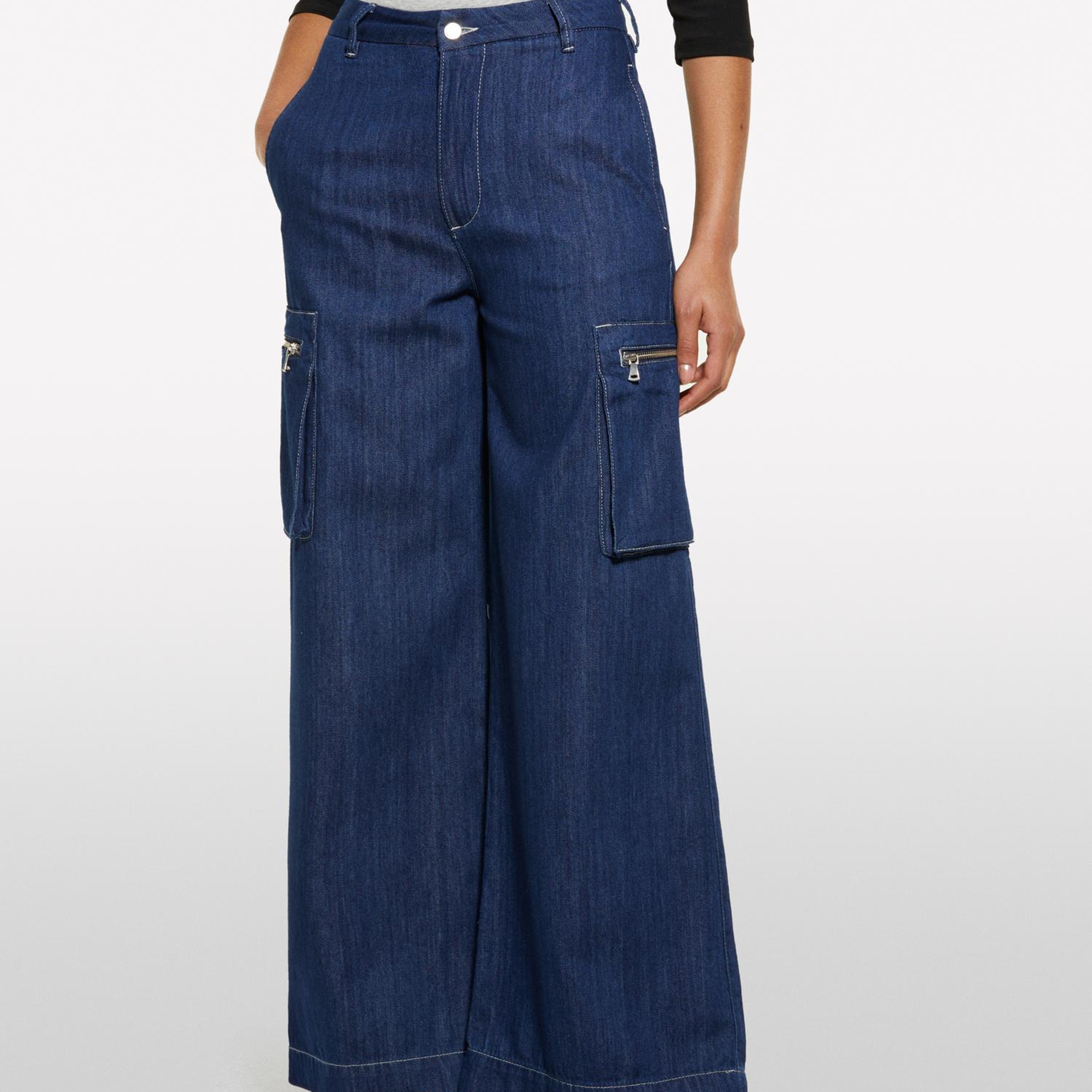 Kadın Denim %100 Pamuk Cep Detaylı Yüksek Bel Geniş Paça Denim Pantolon