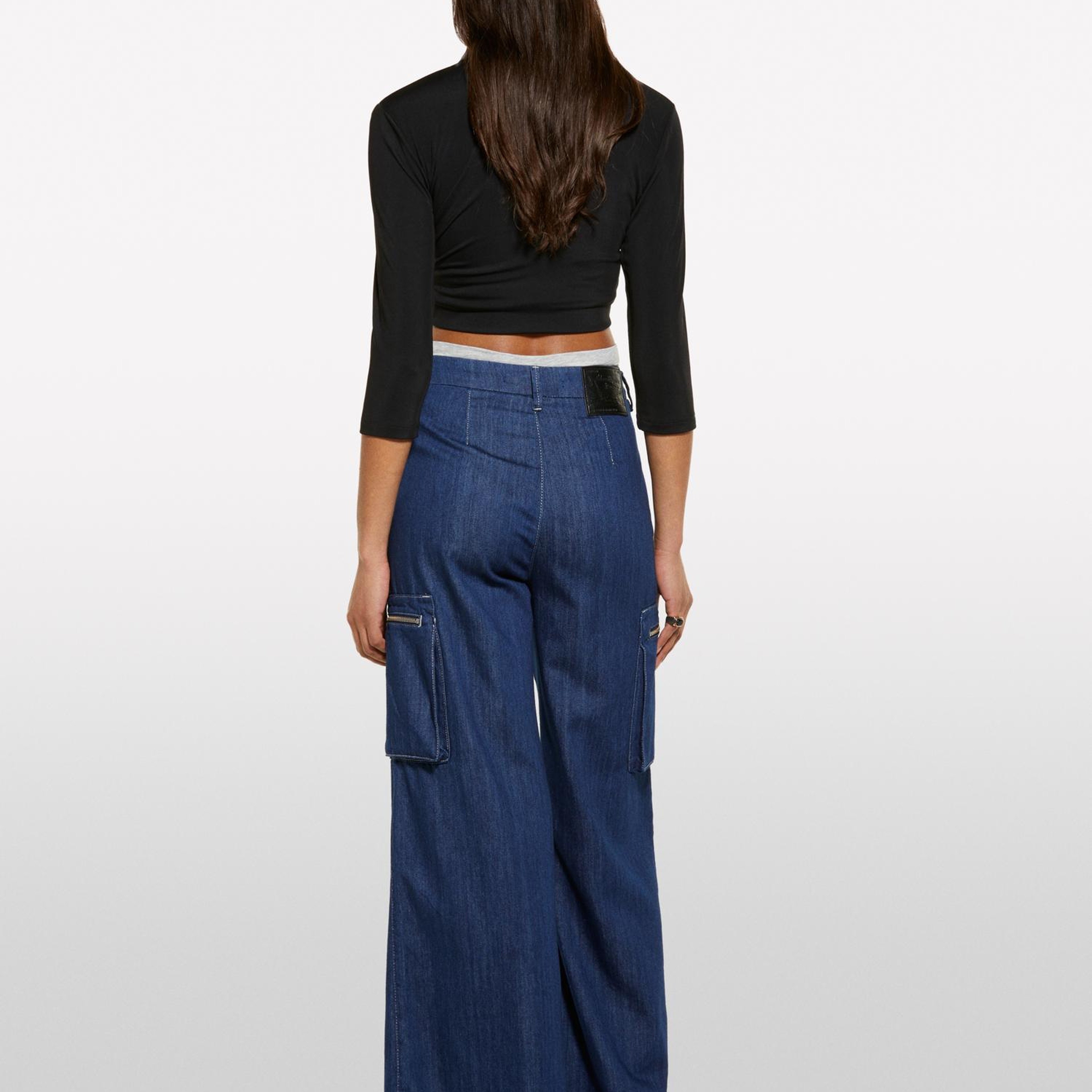 Kadın Denim %100 Pamuk Cep Detaylı Yüksek Bel Geniş Paça Denim Pantolon