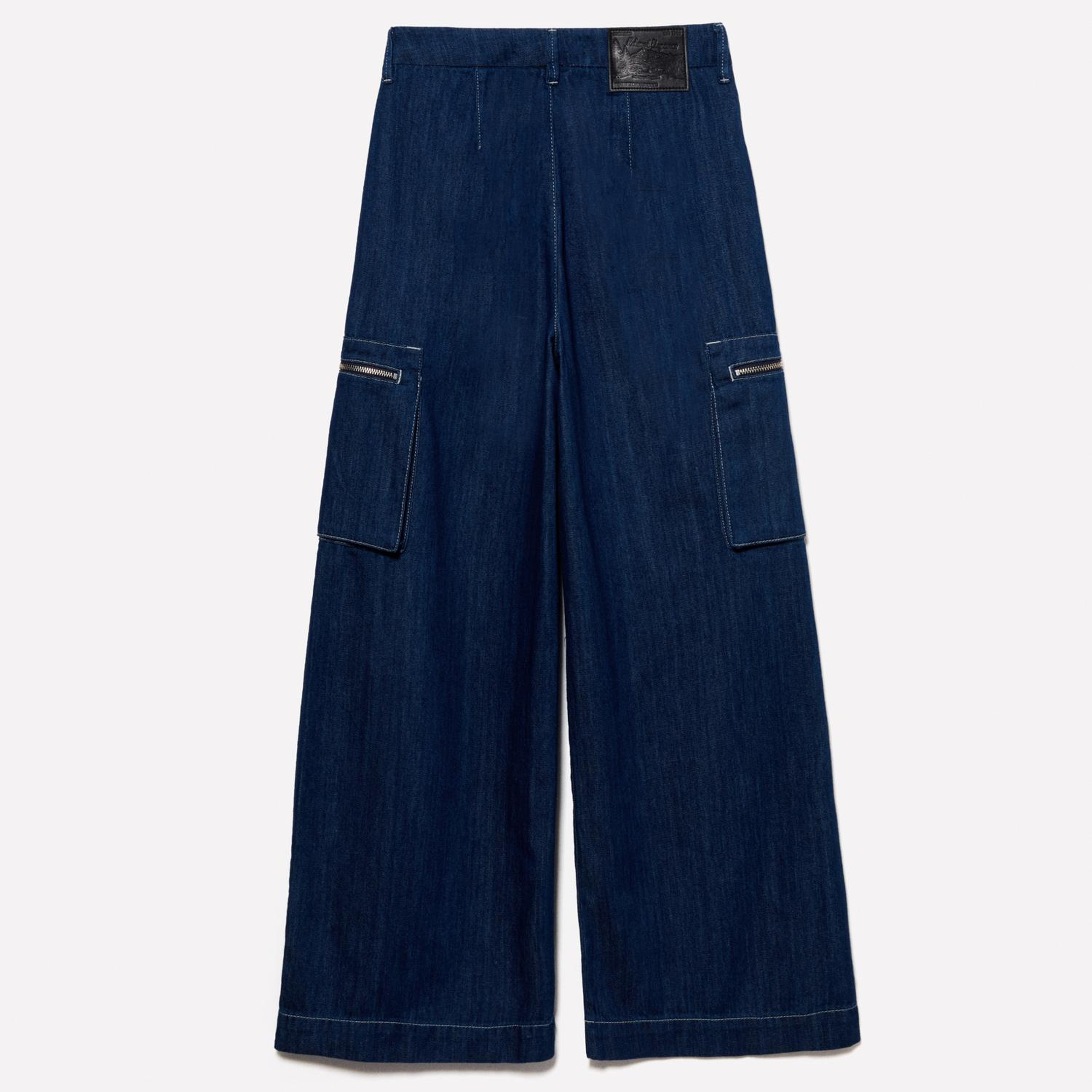 Kadın Denim %100 Pamuk Cep Detaylı Yüksek Bel Geniş Paça Denim Pantolon