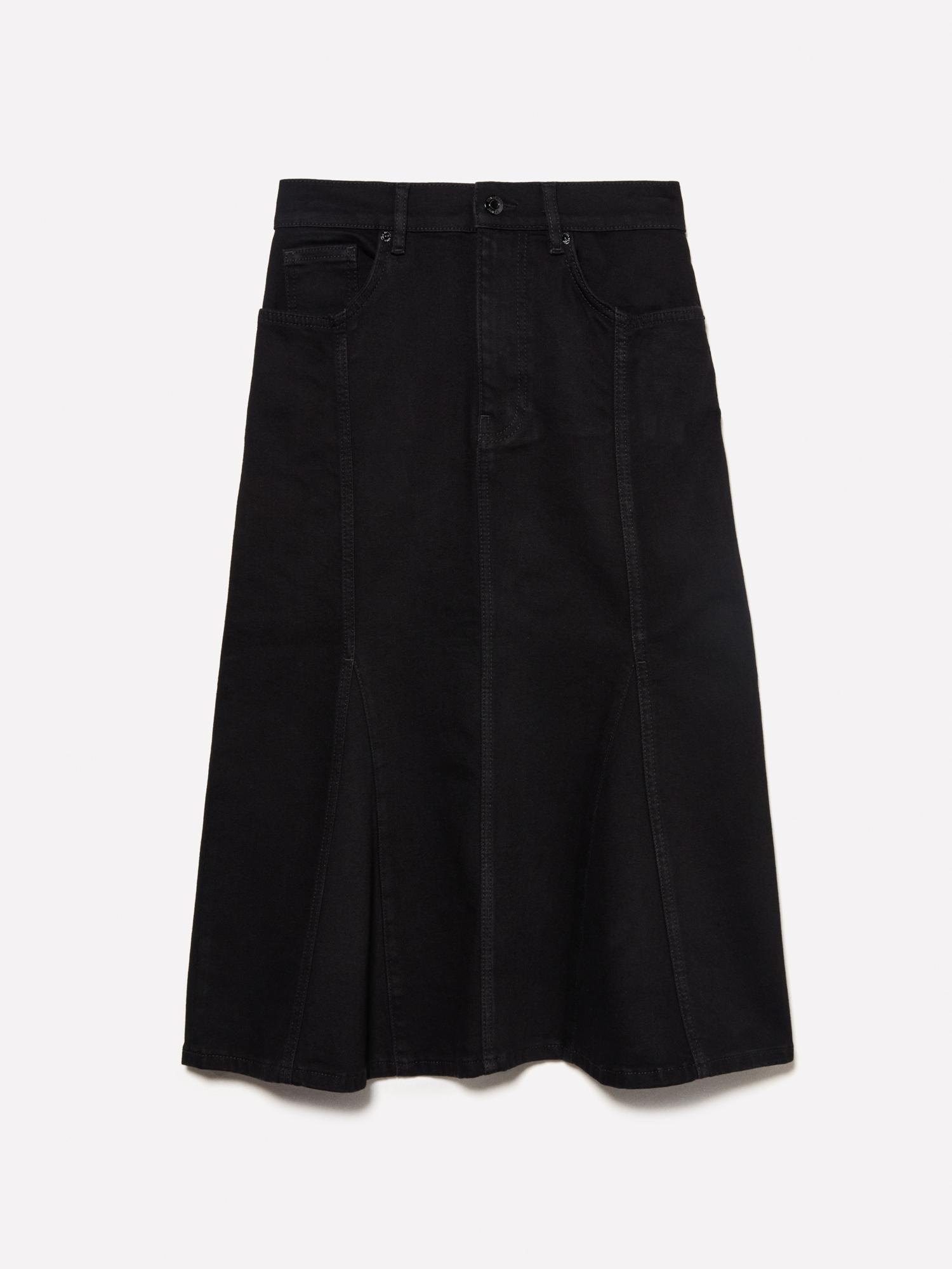 Kadın Siyah Pamuklu Düğmeli Kloş Yüksek Bel Midi Denim Etek